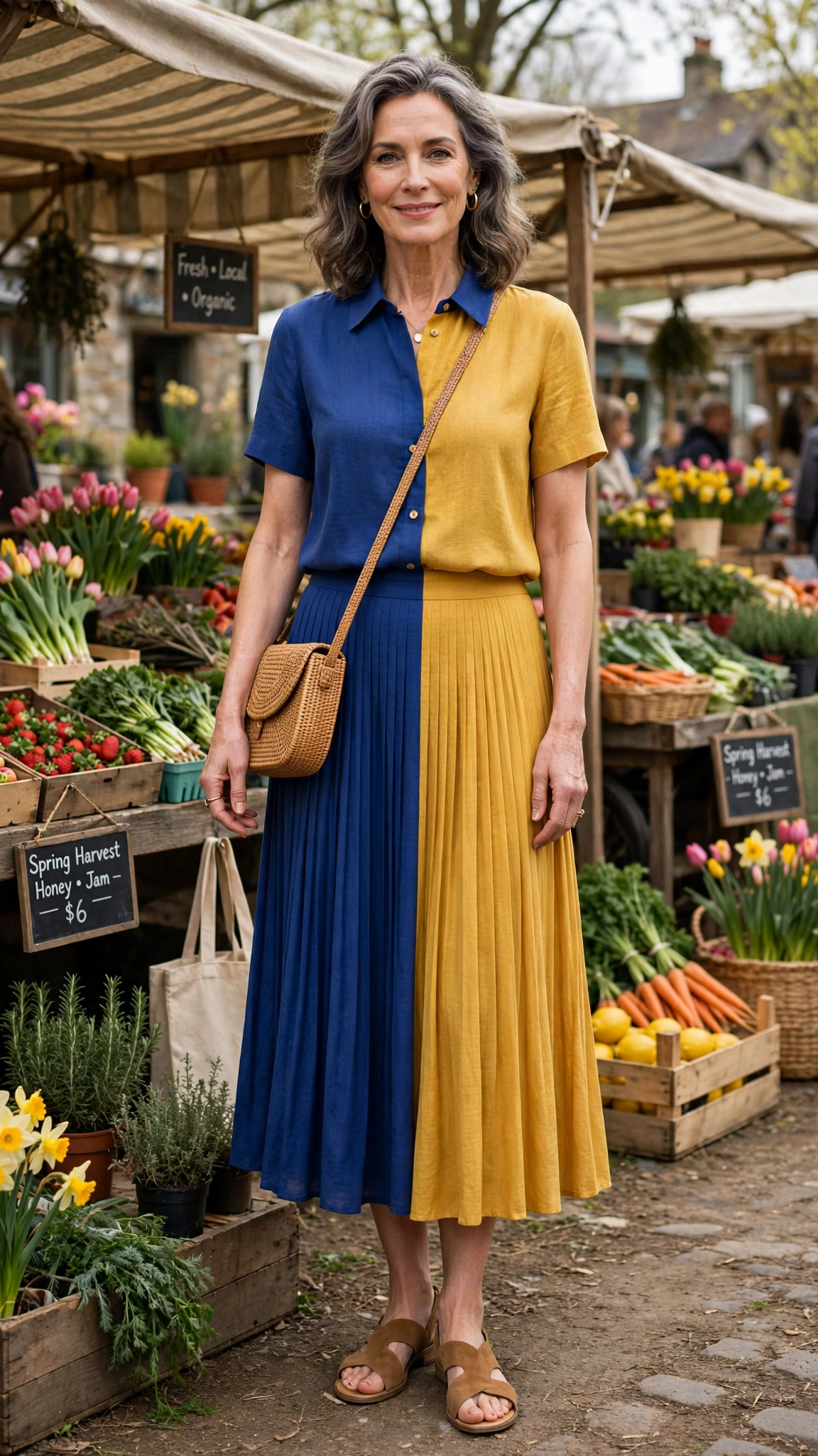 Royal blue and marigold pleated midi skirt and top with a woven crossbody bag