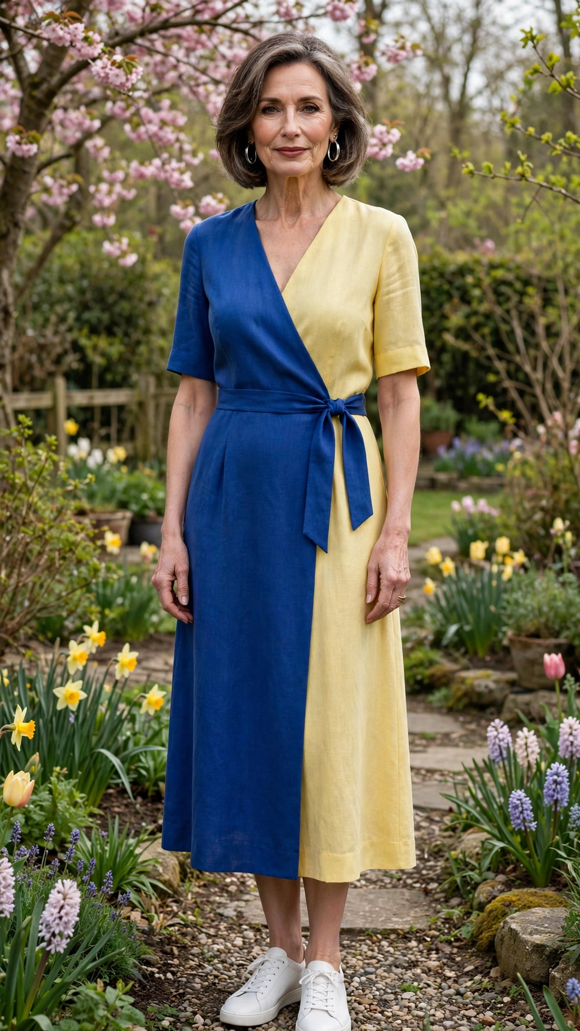 Cobalt and soft yellow midi dress with silver hoop earrings