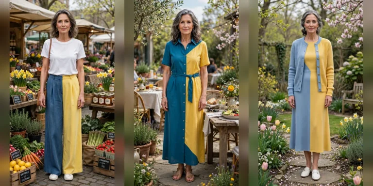 28 Women Over 50 Blue and Yellow Colour Block Outfits for April Weekends That Are Fresh, Chic and Easy to Wear