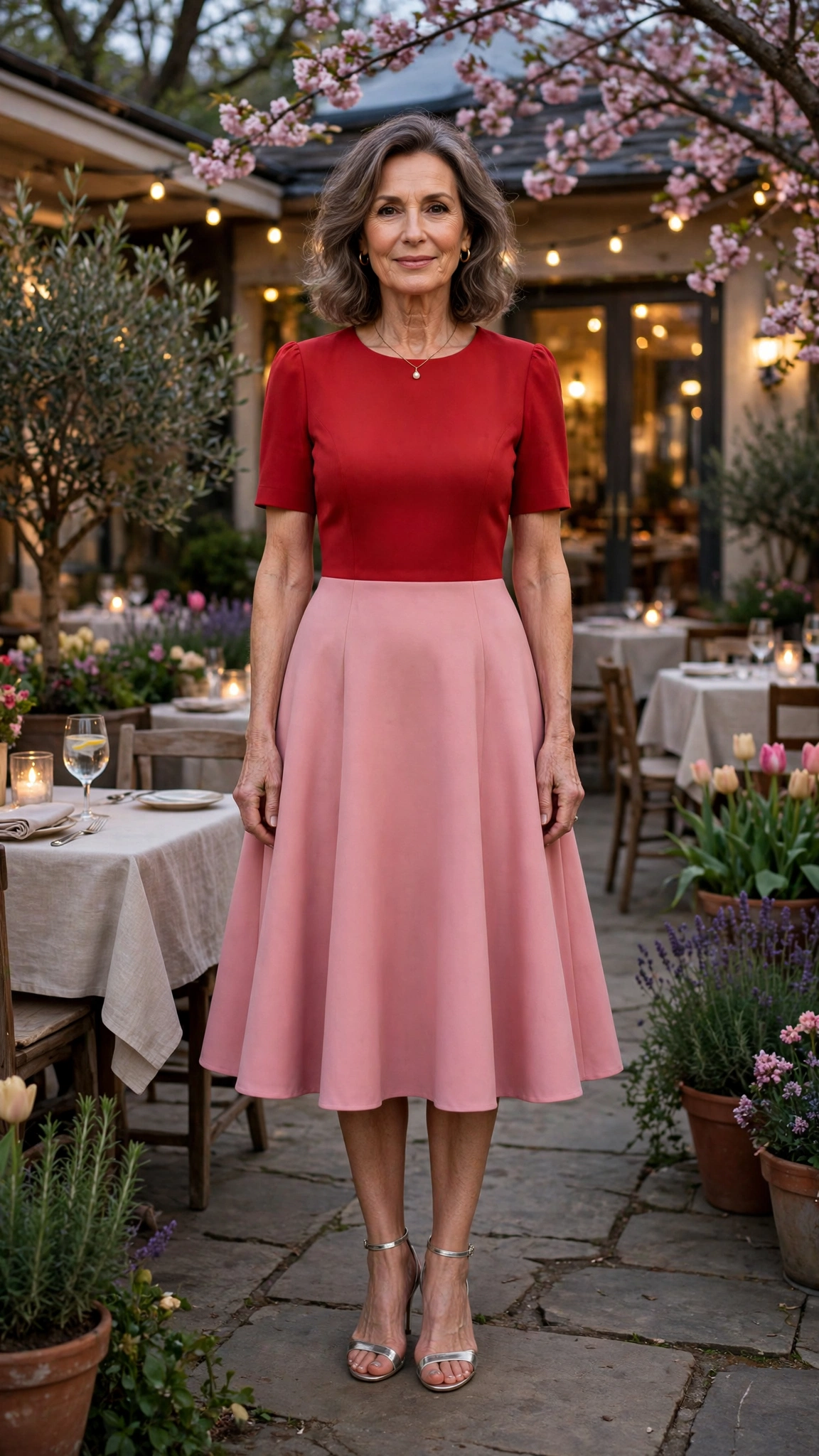 Cherry tomato and rose pink A-line dress with silver heels