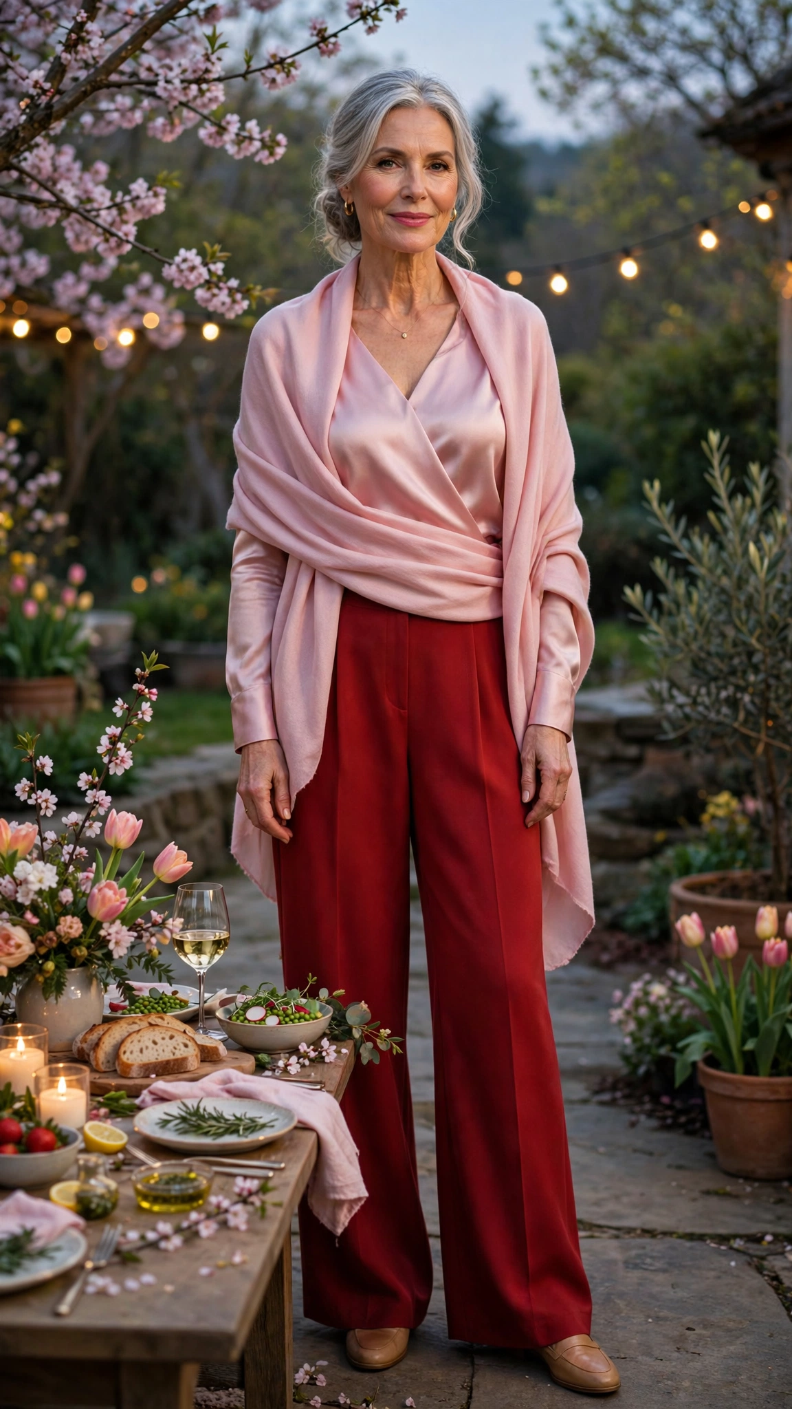 Brick red and soft pink wide-leg trousers and satin top with a pink wrap