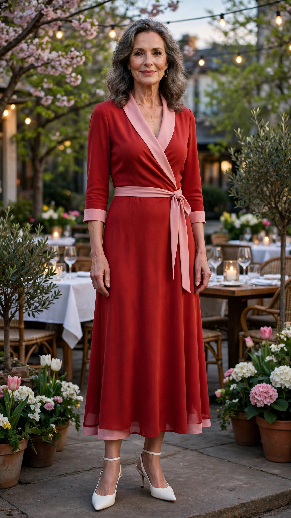Deep tomato and ballet pink wrap dress with white slingbacks