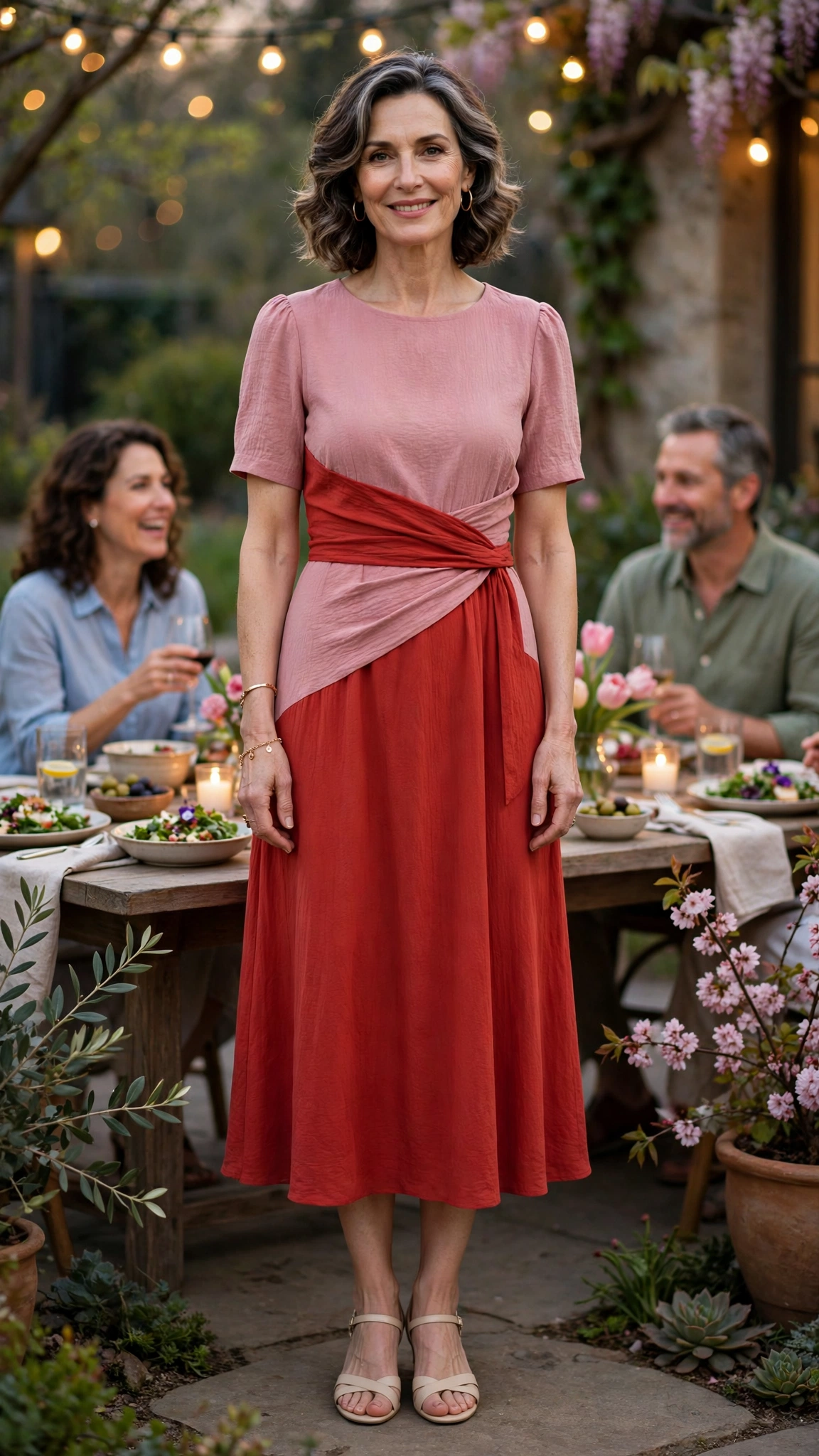 Scarlet tomato and dusty pink midi dress with a gold bracelet