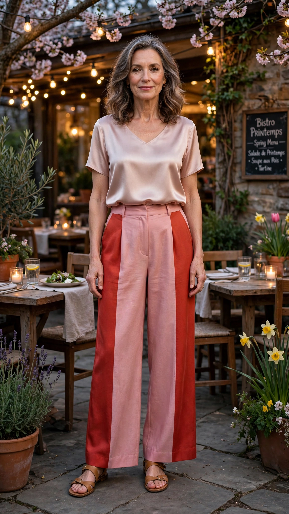 Cherry tomato and rose pink wide-leg trousers and satin top with tan sandals