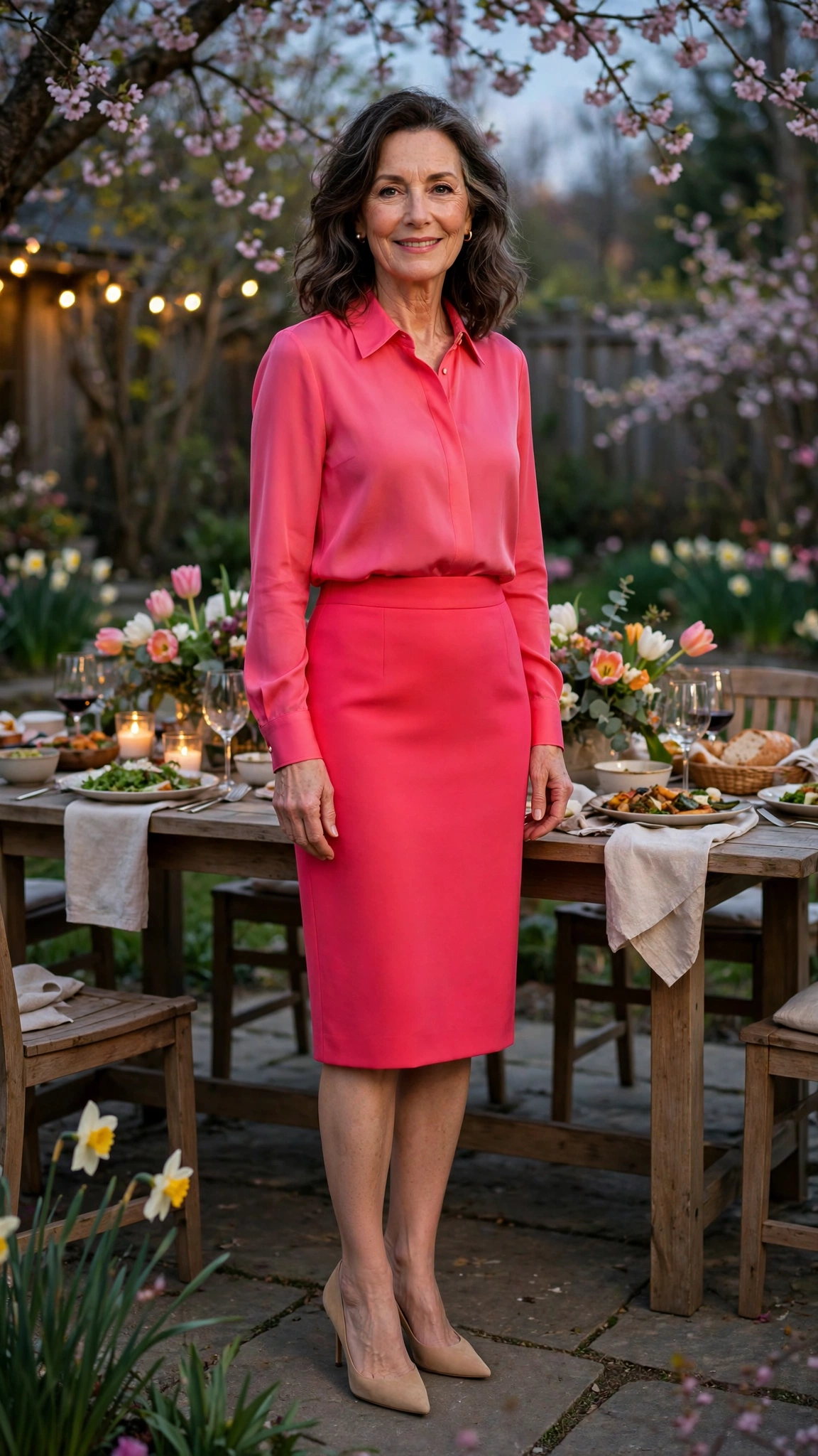 Vivid tomato and coral pink pencil skirt and blouse with nude pointed heels