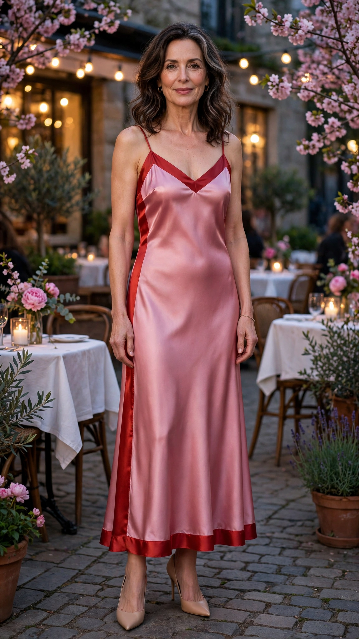 Cherry tomato and rose pink satin slip dress with nude pointed heels