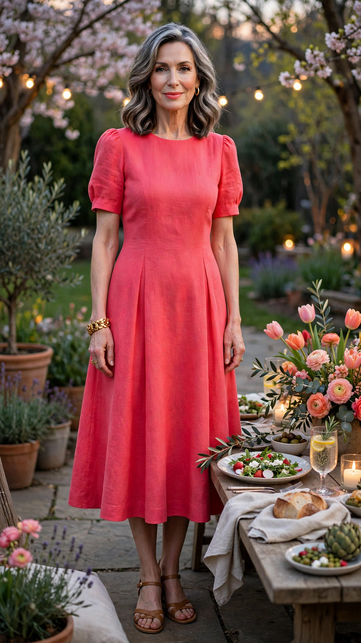 Vivid tomato and coral pink A-line dress with a gold bracelet