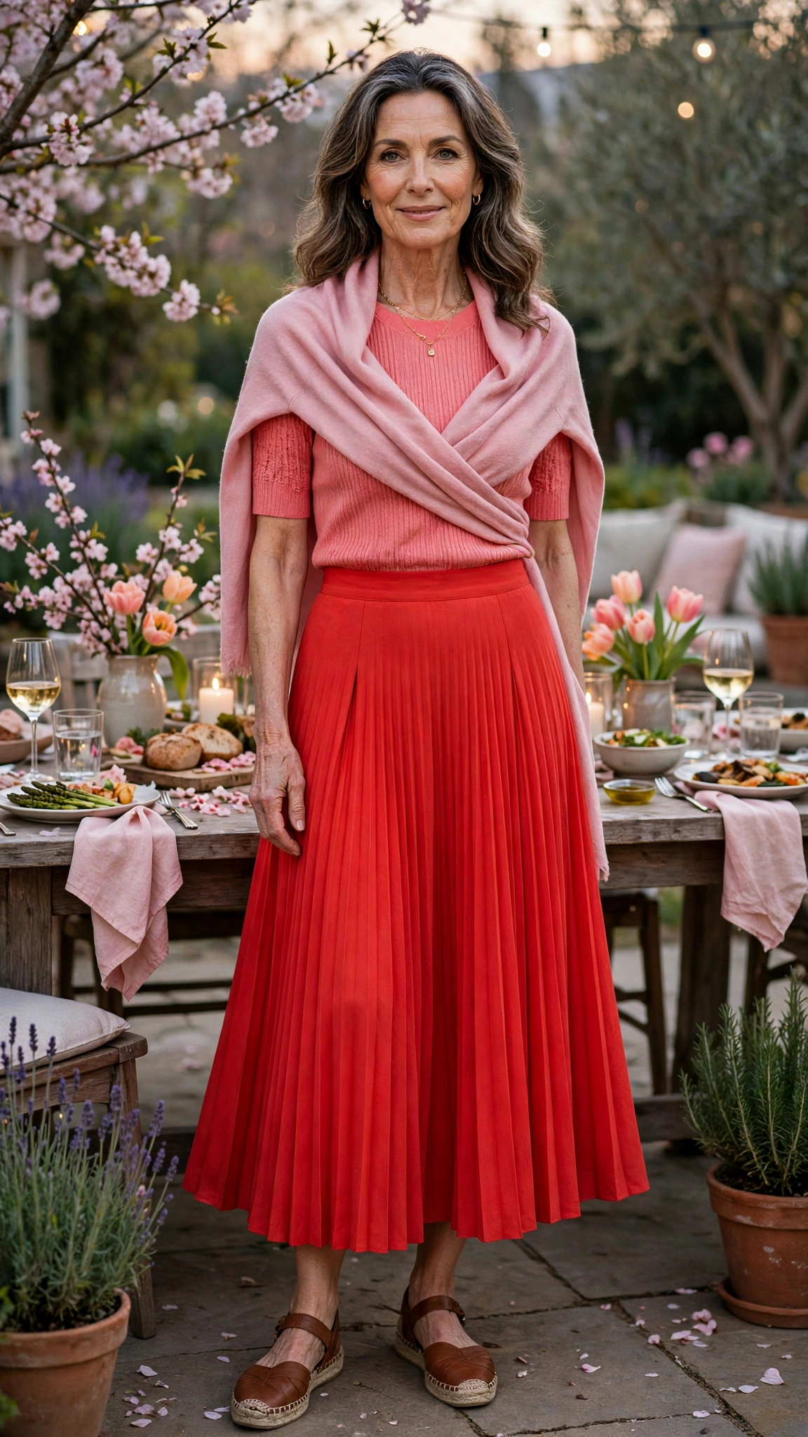 Vivid tomato and coral pink pleated skirt and knit top with a pink wrap