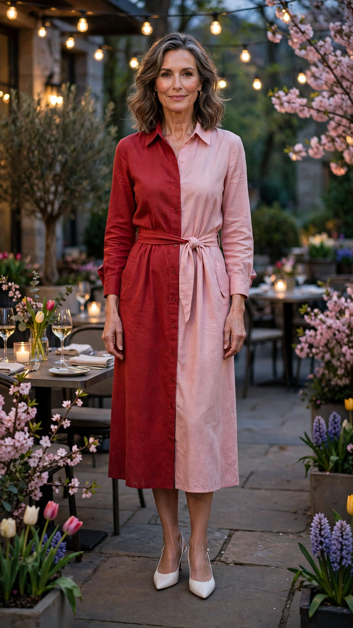 Brick red and soft pink shirt dress with white slingbacks