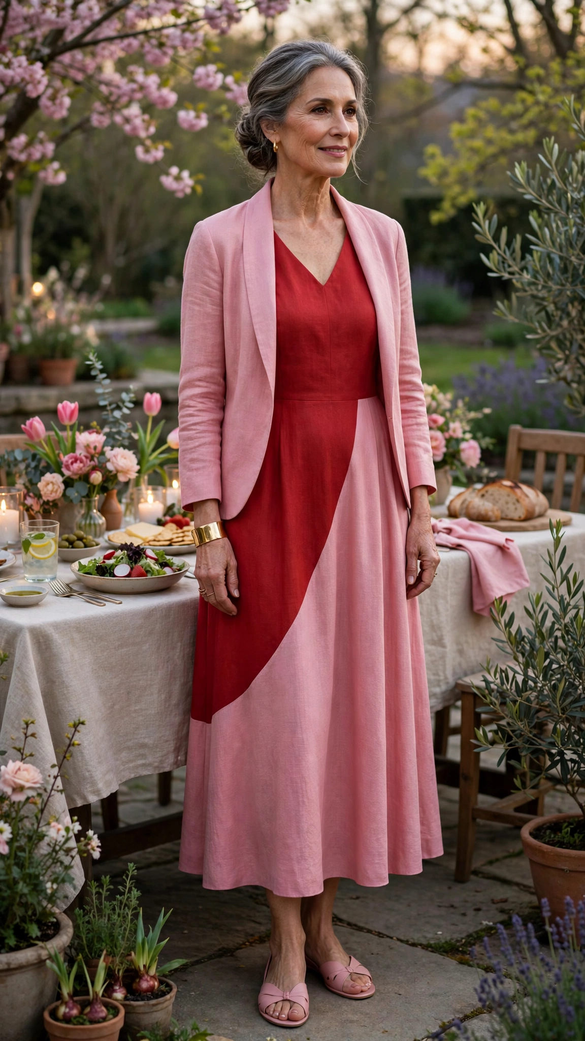 Cherry tomato and rose pink sleeveless dress with a jacket and a gold bracelet