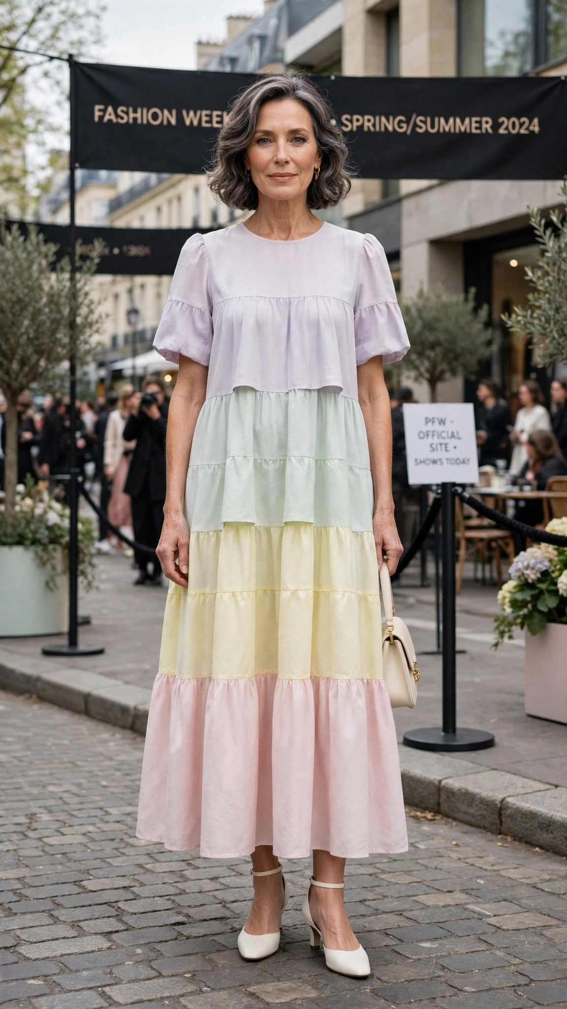 Pastel colour block tiered dress with white heels