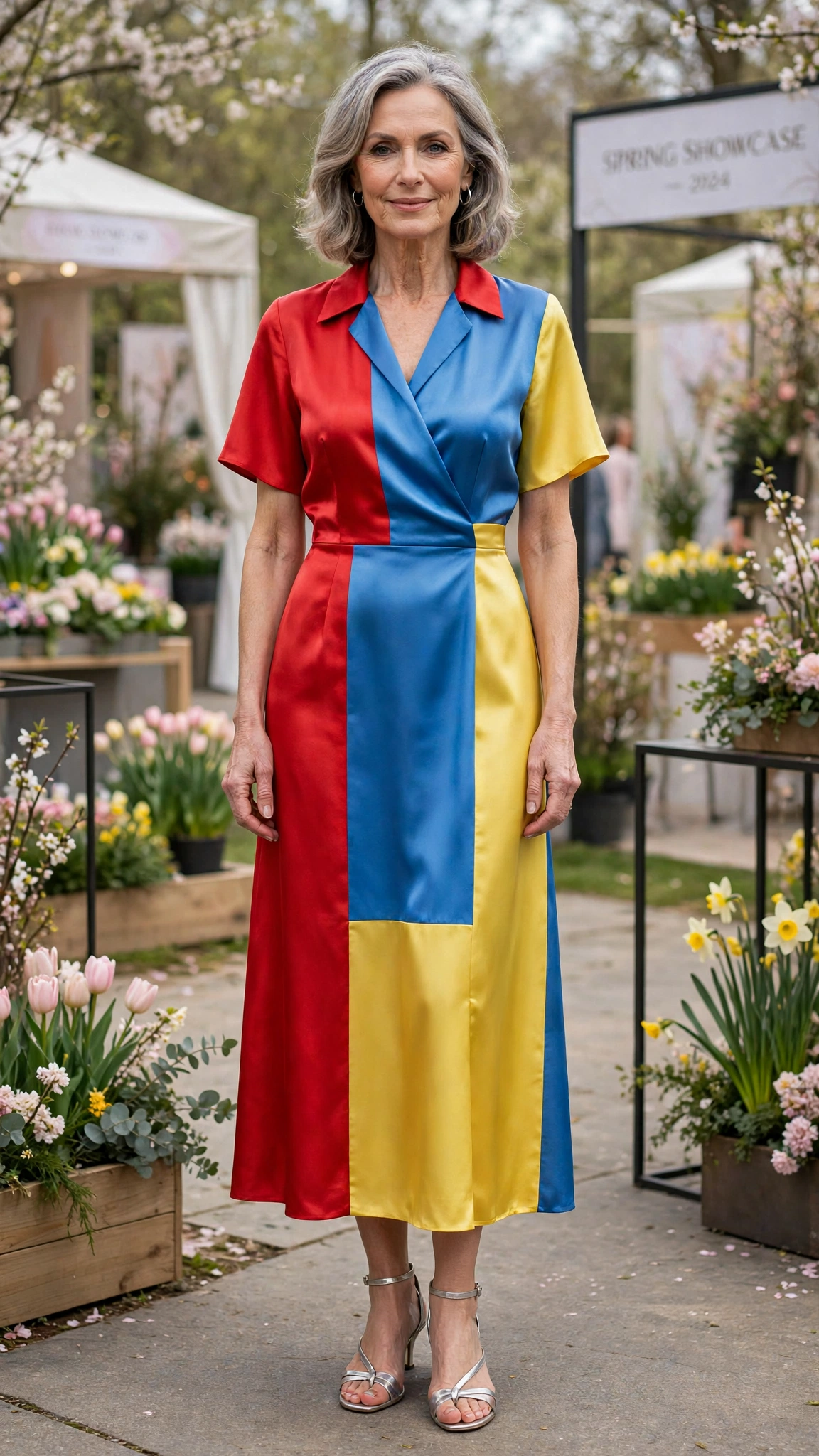 Primary colour block satin dress with silver sandals