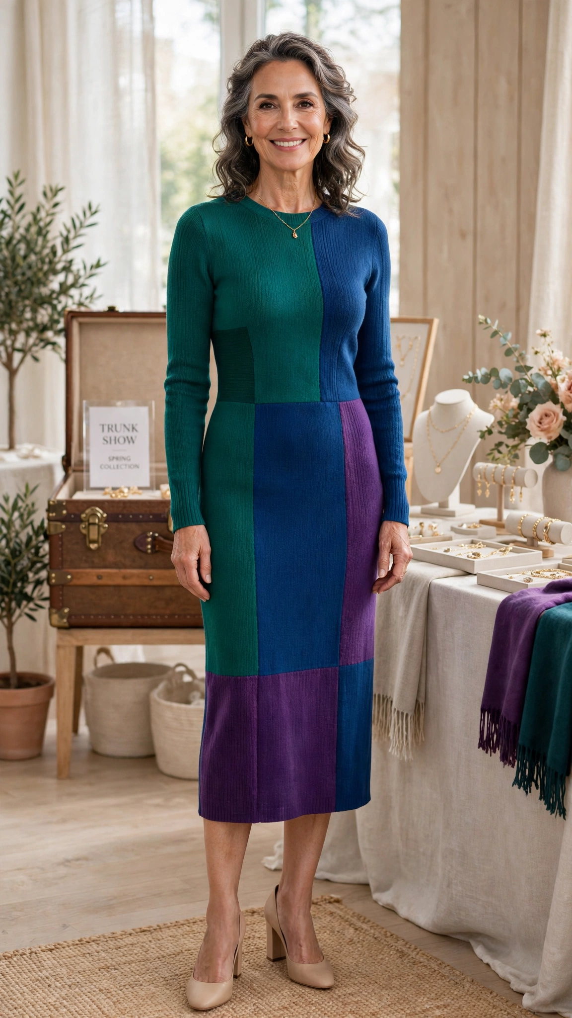 Jewel-tone colour block knit dress with nude block heels