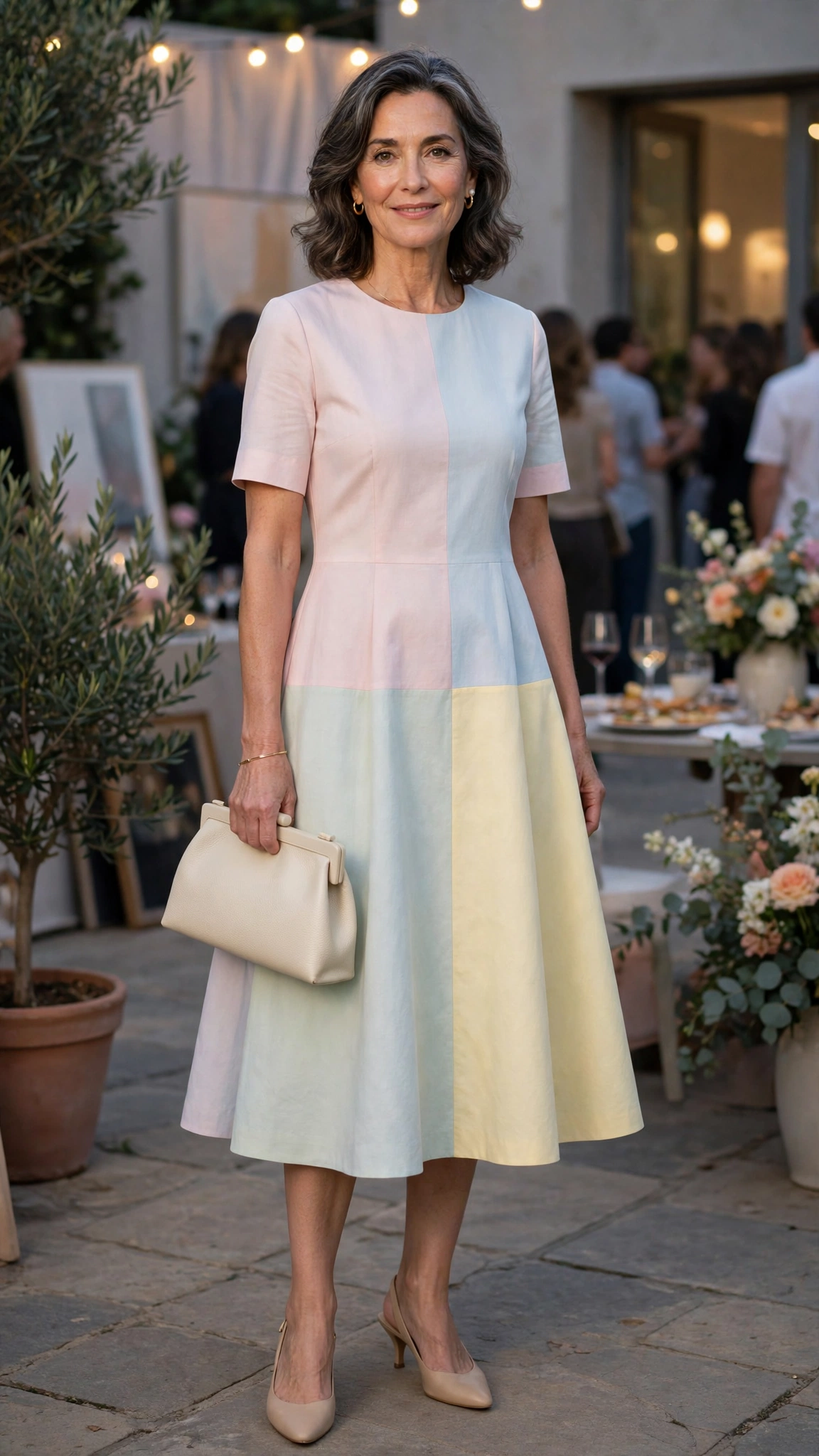 Pastel colour block A-line dress with a cream clutch
