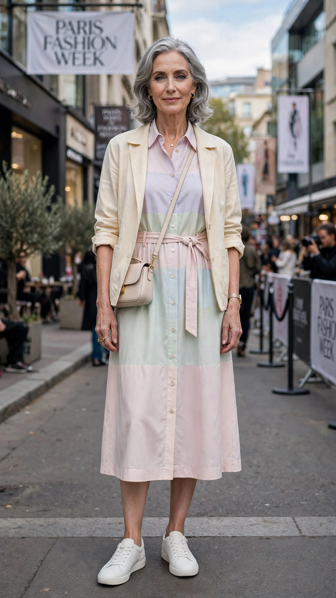 Pastel colour block shirt dress with a light jacket