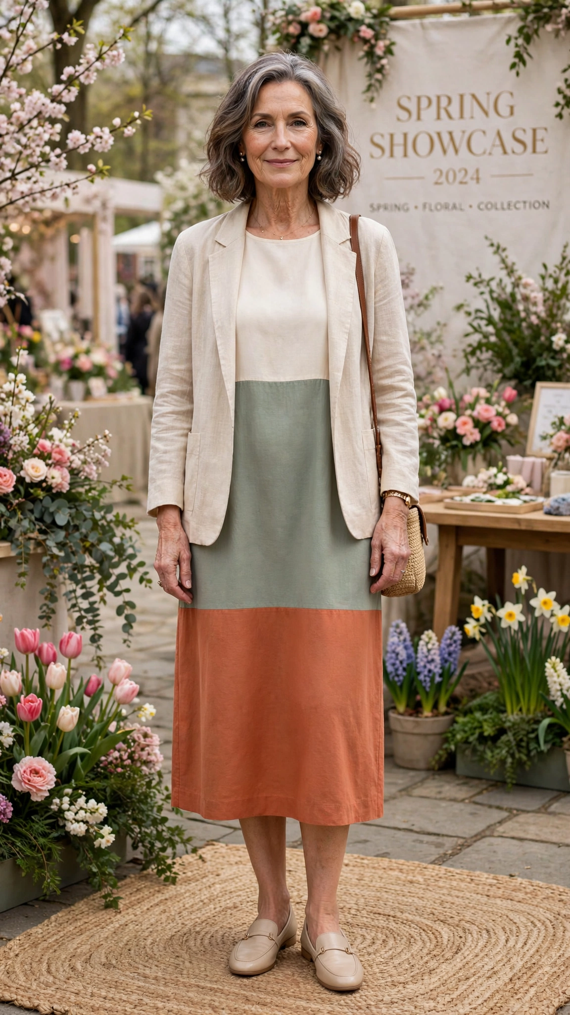 Three-tone colour block shift dress with a light jacket