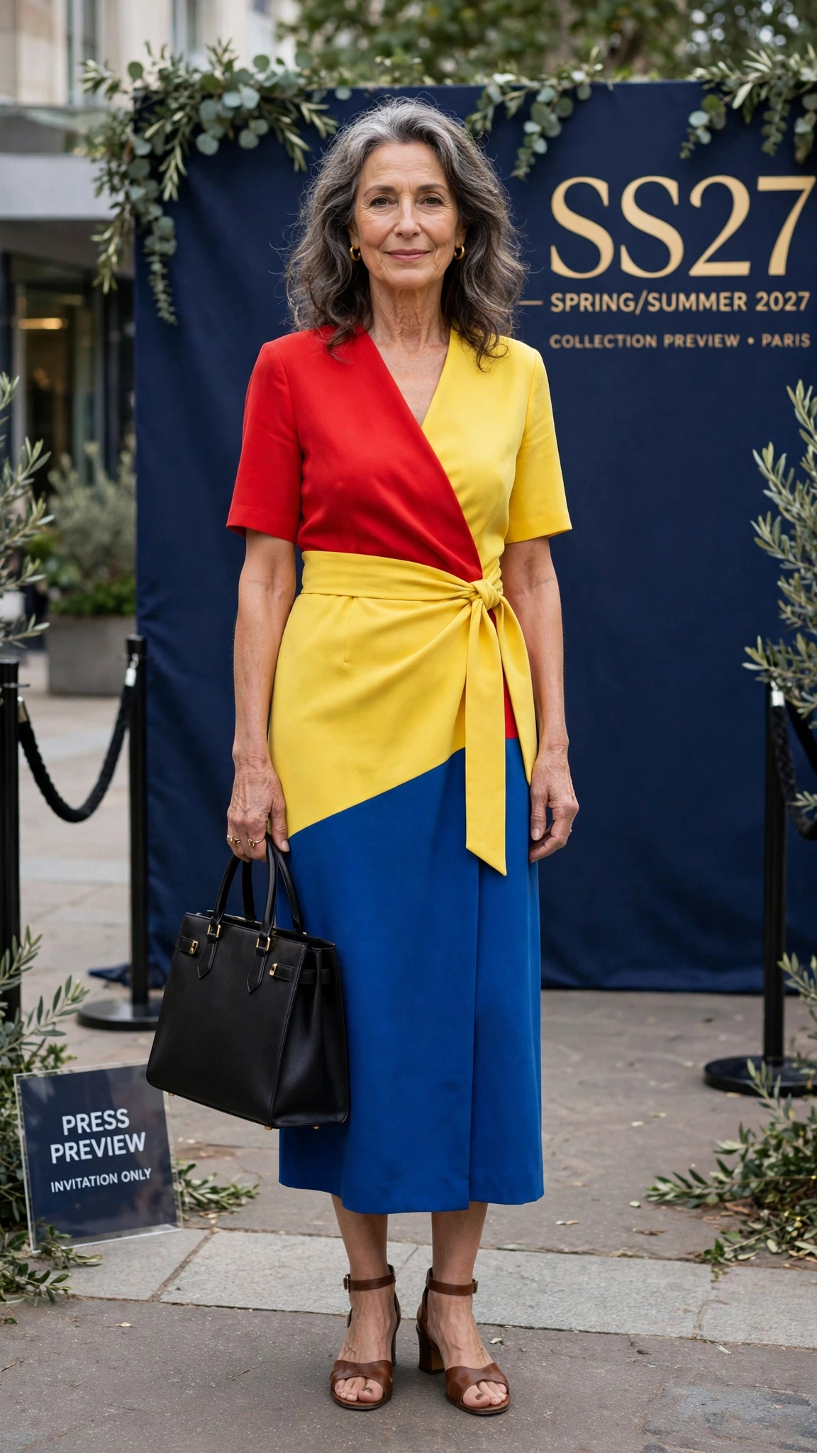 Primary colour block wrap dress with a structured tote