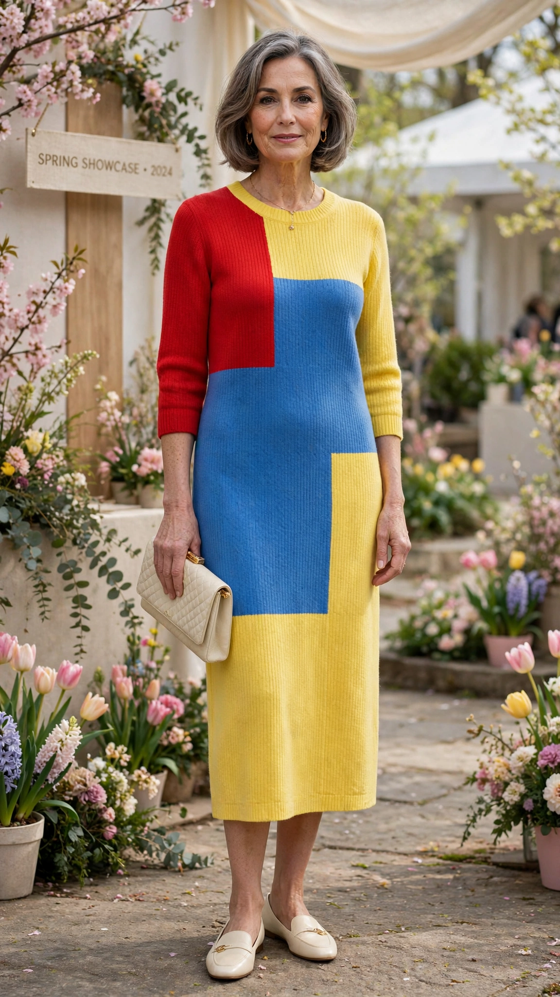 Primary colour block knit dress with a cream clutch