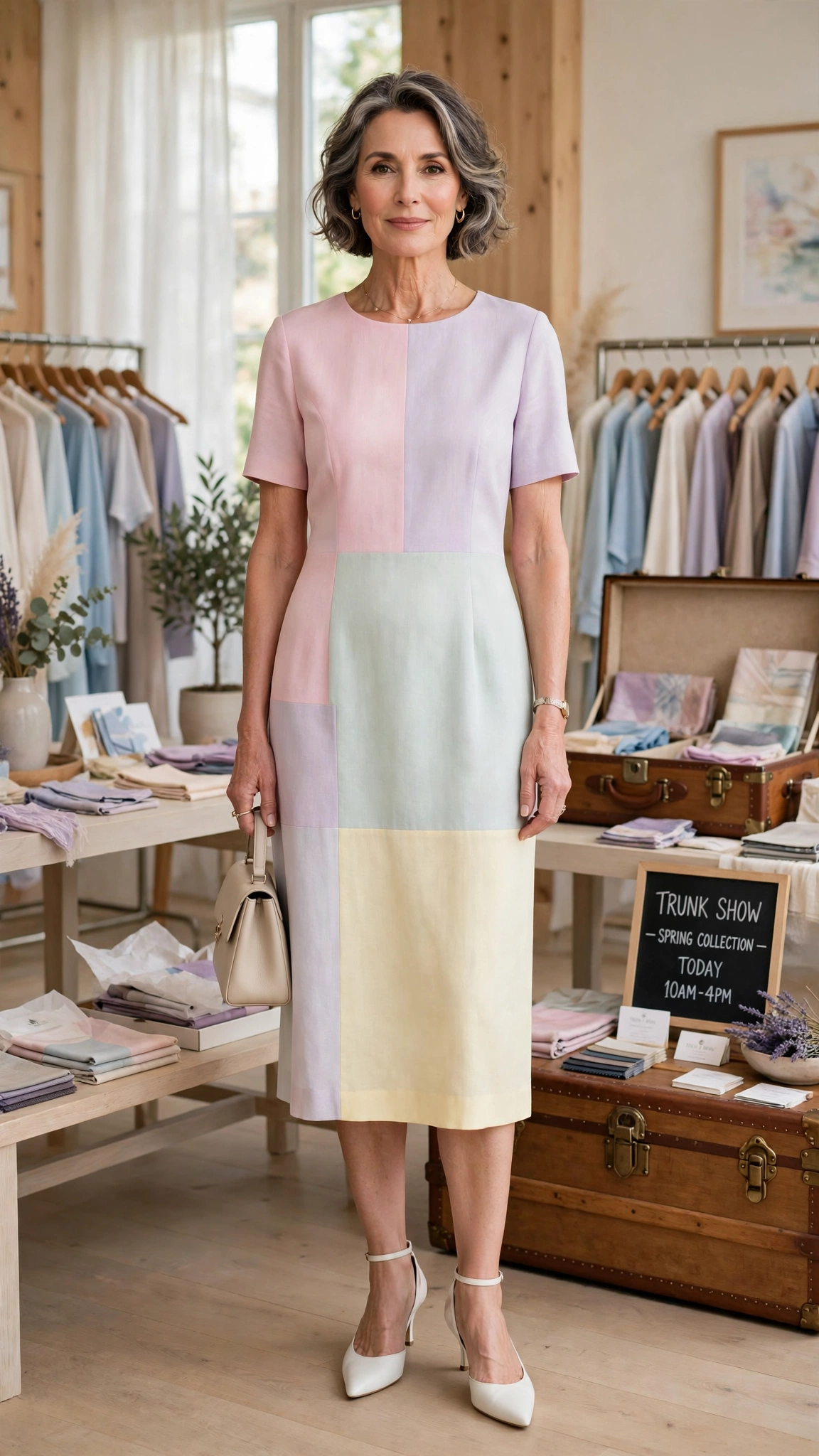 Pastel colour block shift dress with white heels