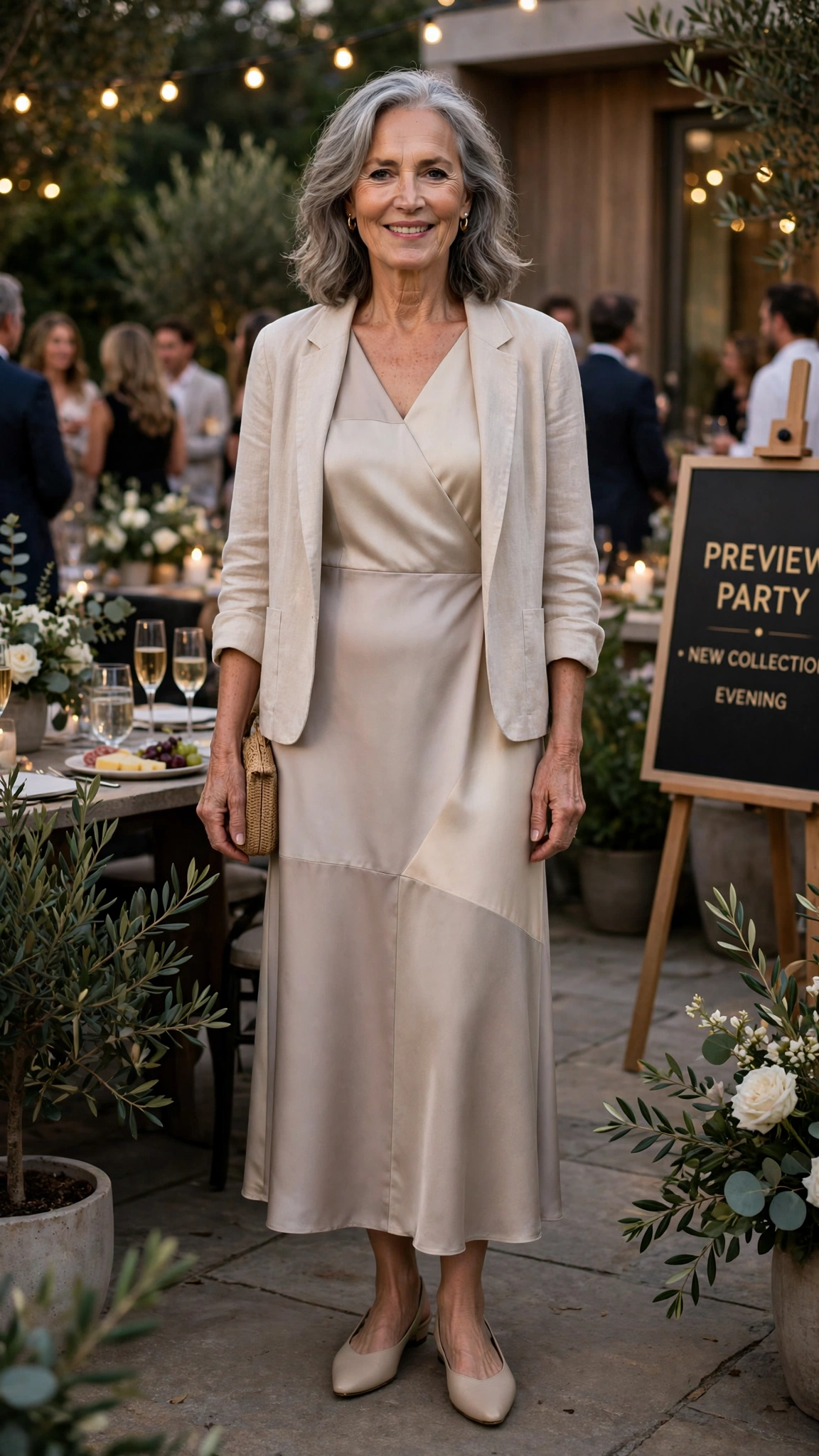 Soft neutral colour block satin dress with a light jacket