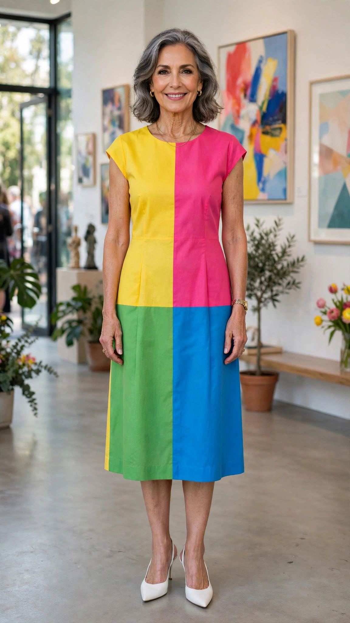 Bright spring colour block shift dress with white heels