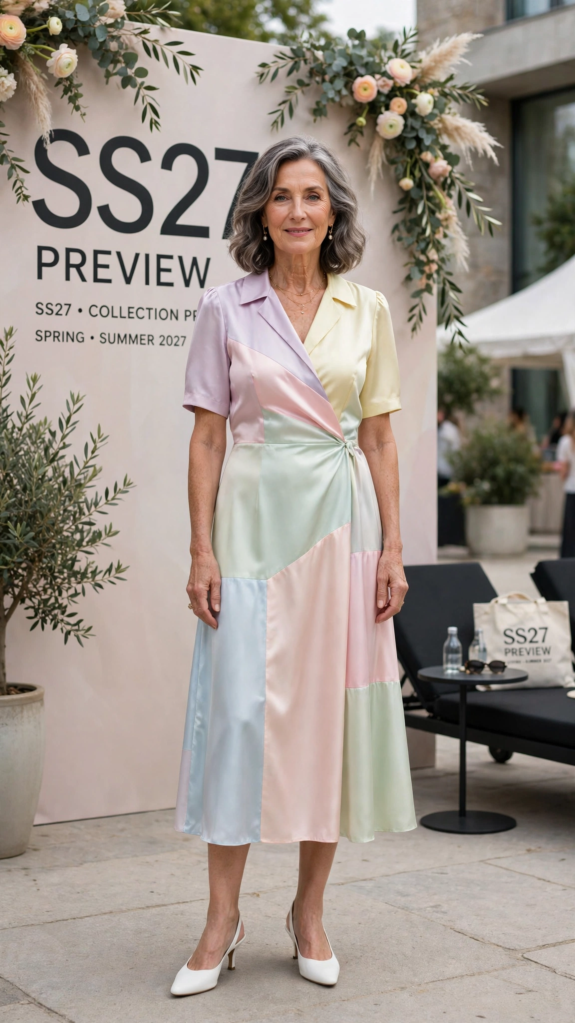 Pastel colour block satin dress with white heels