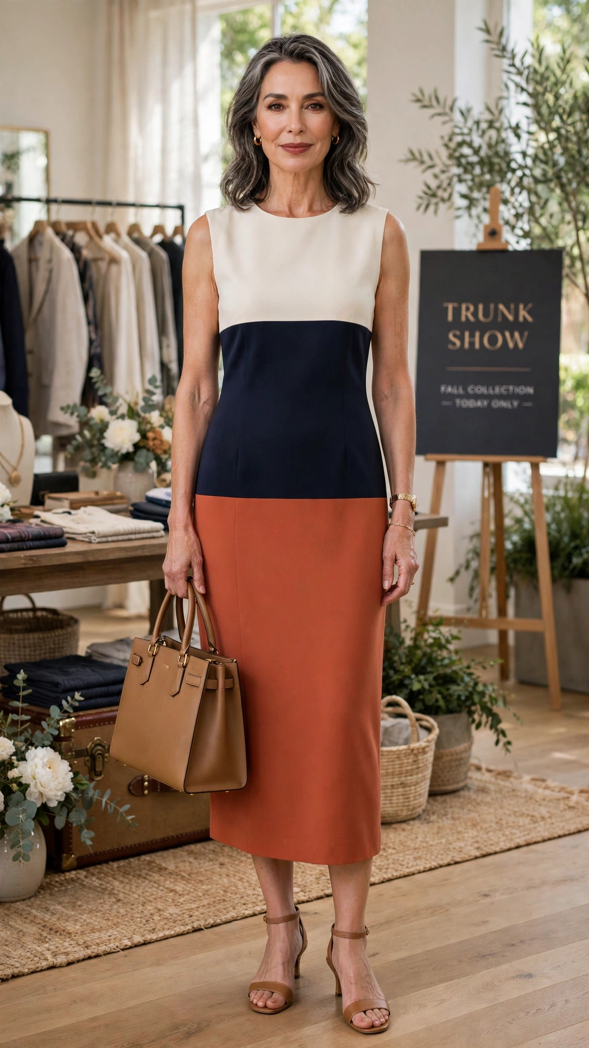 Three-tone colour block sleeveless column dress with a structured tote