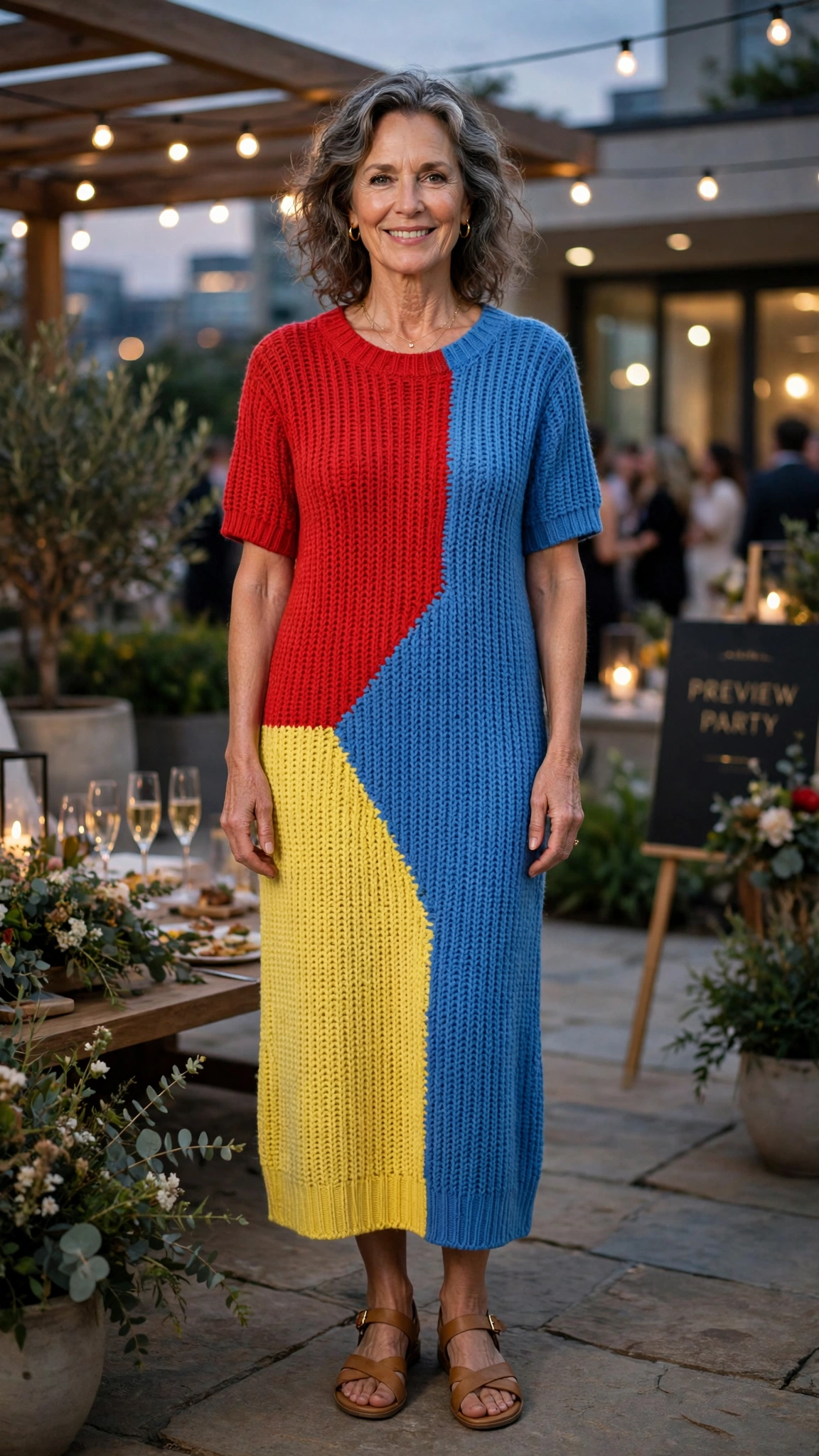 Primary colour block knit dress with tan sandals