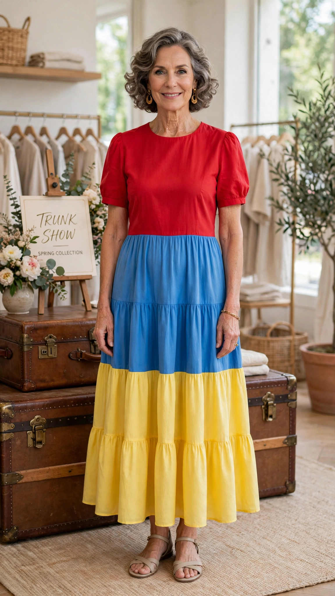 Primary colour block tiered dress with gold earrings