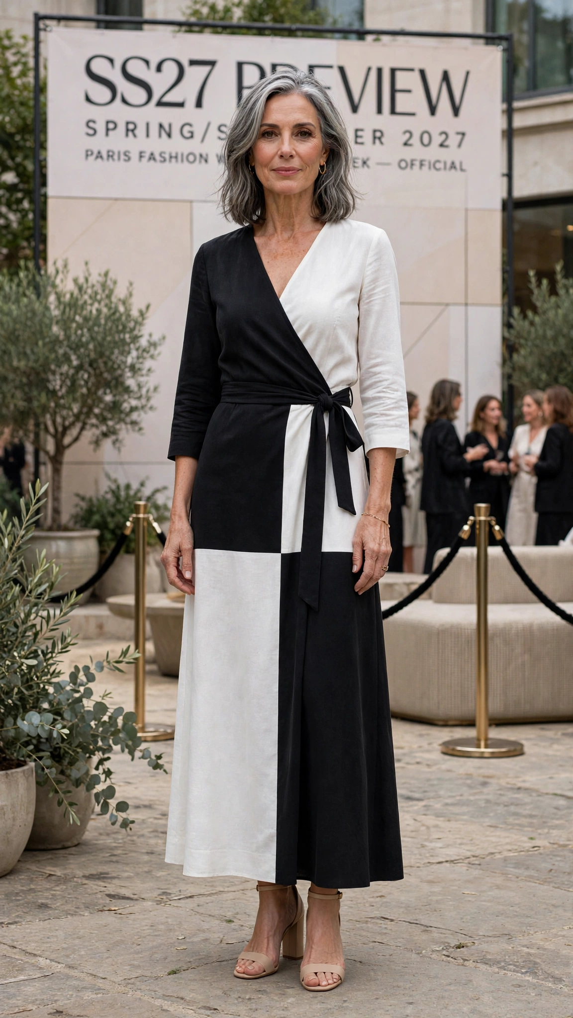 Monochrome colour block wrap dress with nude block heels