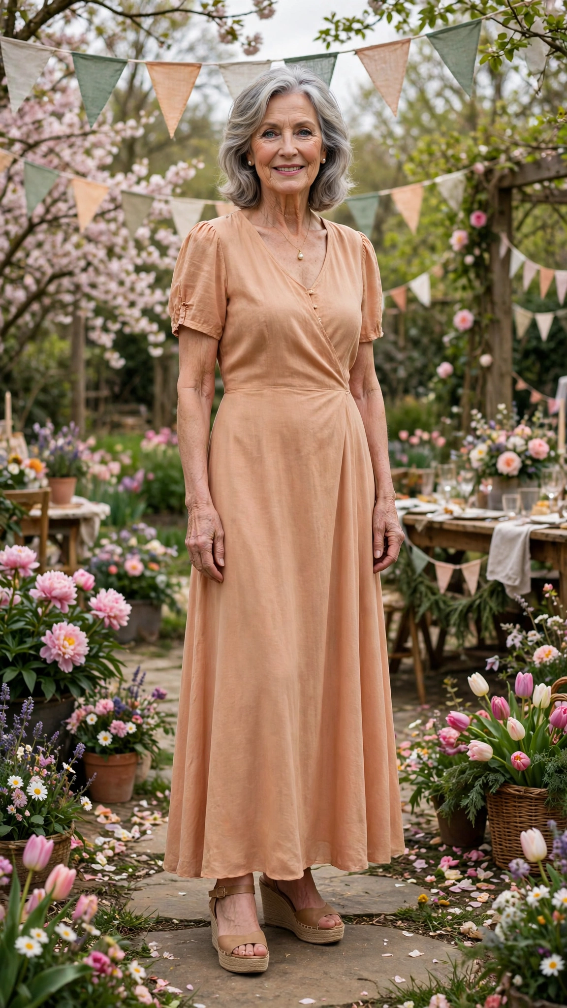 Apricot maxi dress with tan wedges