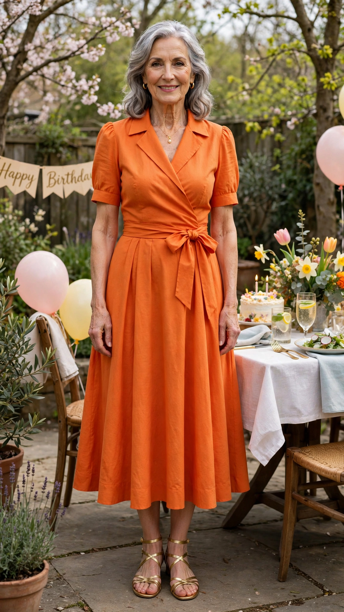 Marigold orange fit-and-flare dress with gold sandals
