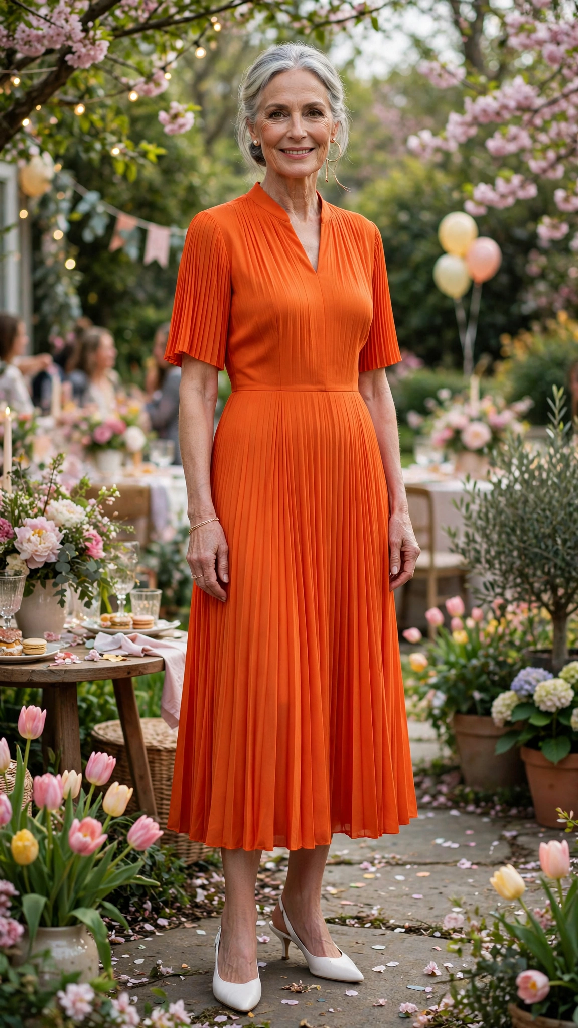Vivid mandarin pleated midi dress with white slingbacks