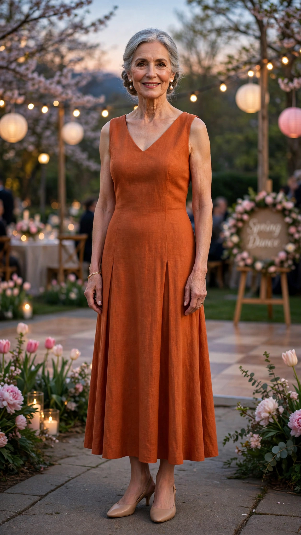 Burnt orange sleeveless dress with pearl earrings