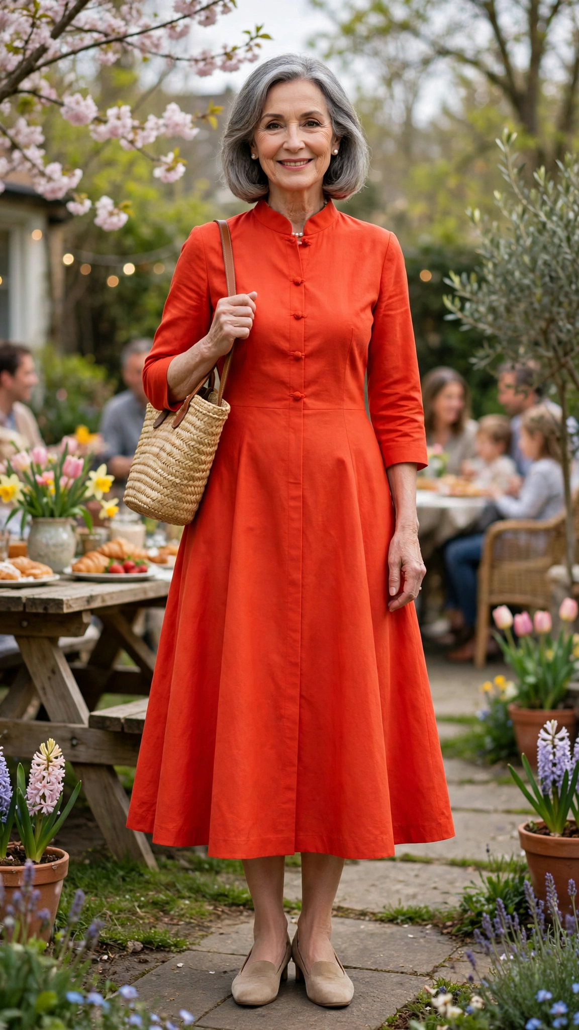 Vivid mandarin A-line dress with a straw bag