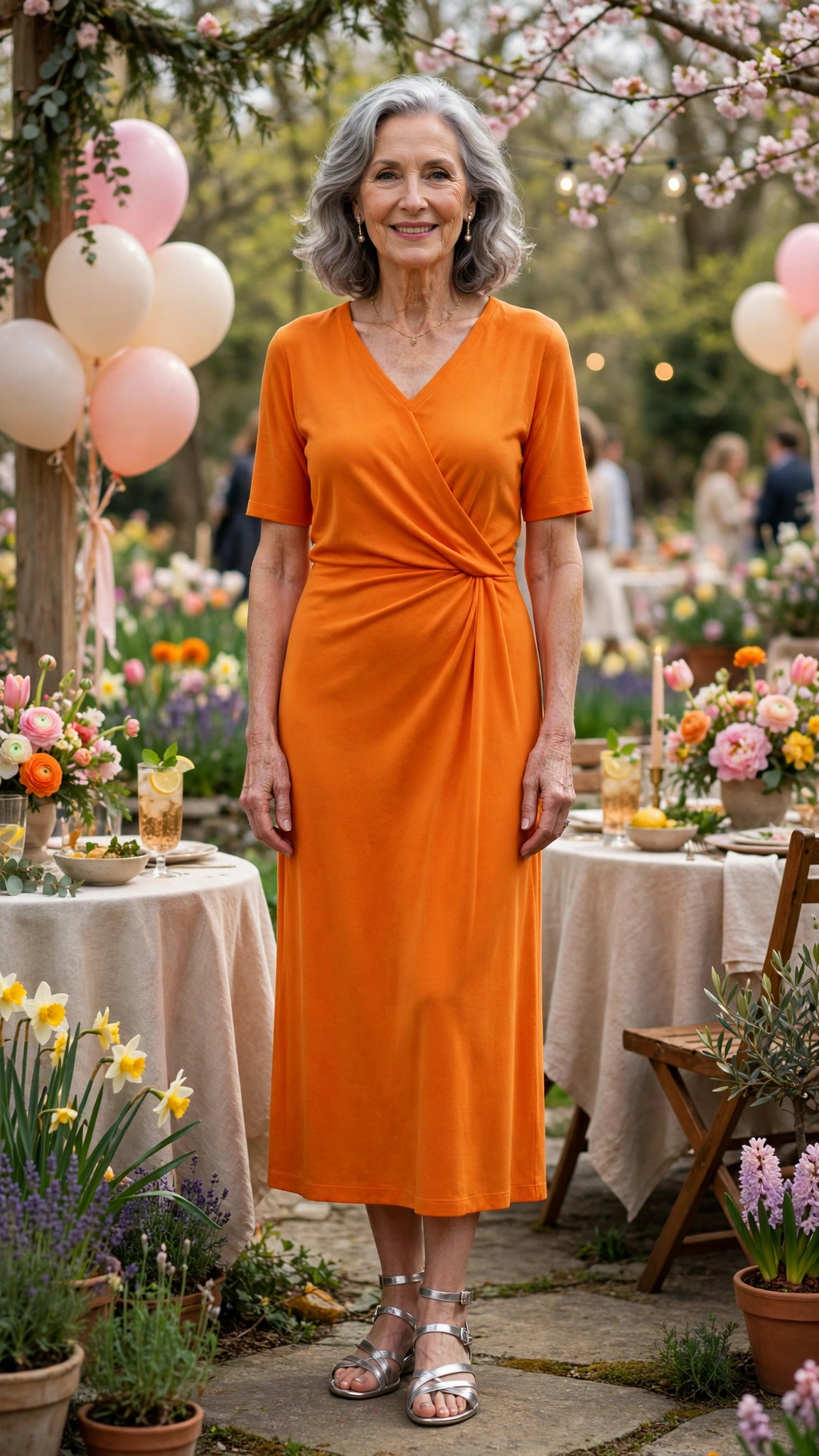 Marigold orange jersey dress with silver sandals