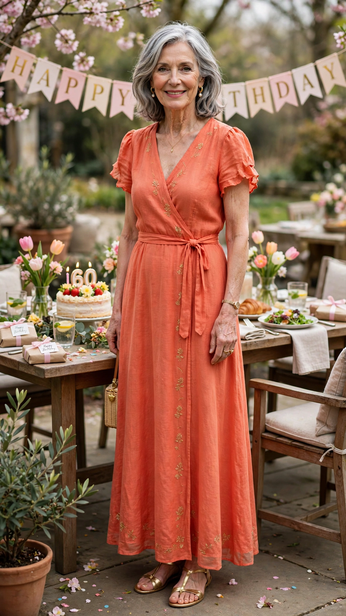 Coral orange maxi dress with gold sandals