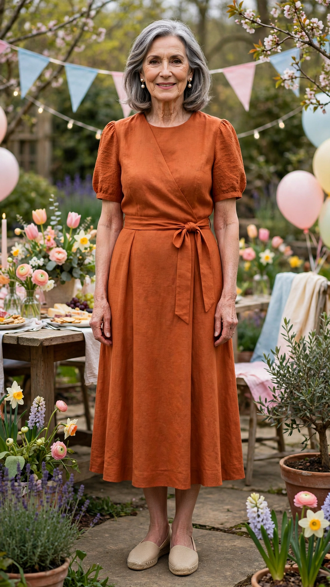 Burnt orange midi dress with pearl earrings