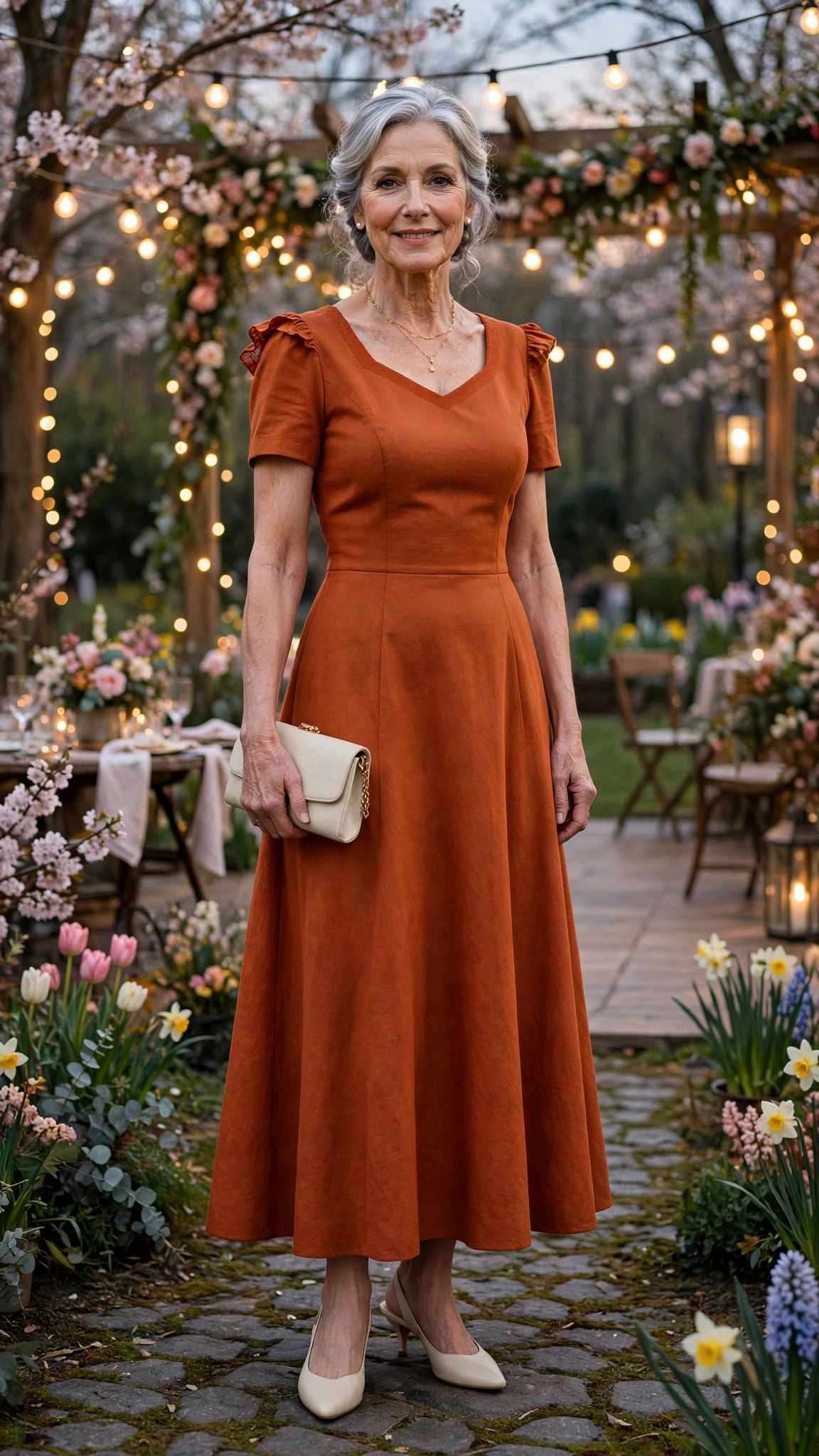 Burnt orange fit-and-flare dress with a cream clutch