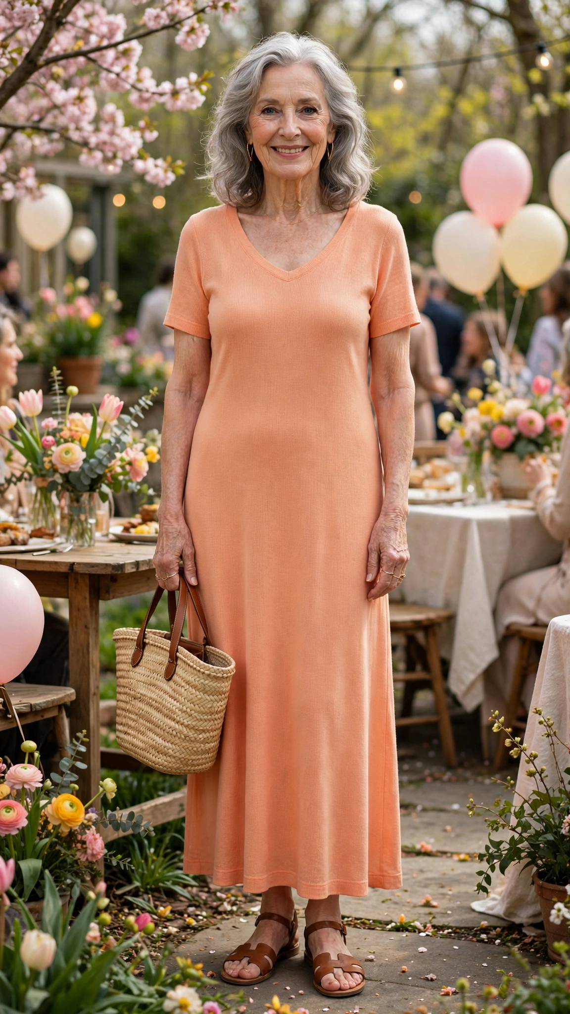 Soft peach orange jersey dress with a straw bag