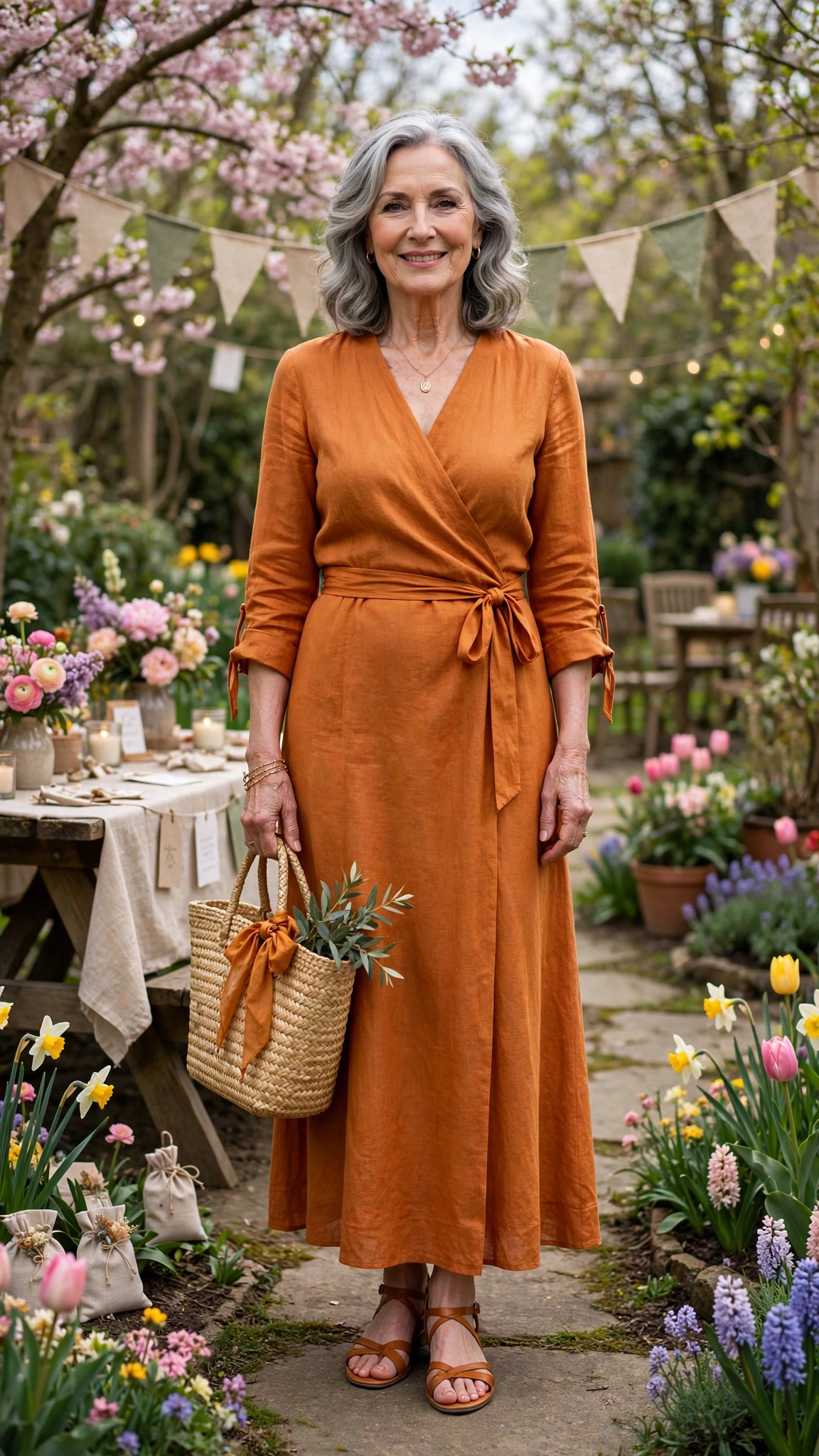 Warm amber orange wrap dress with a straw bag