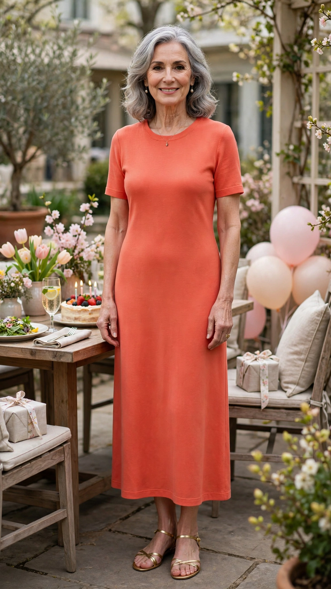 Coral orange jersey dress with gold sandals