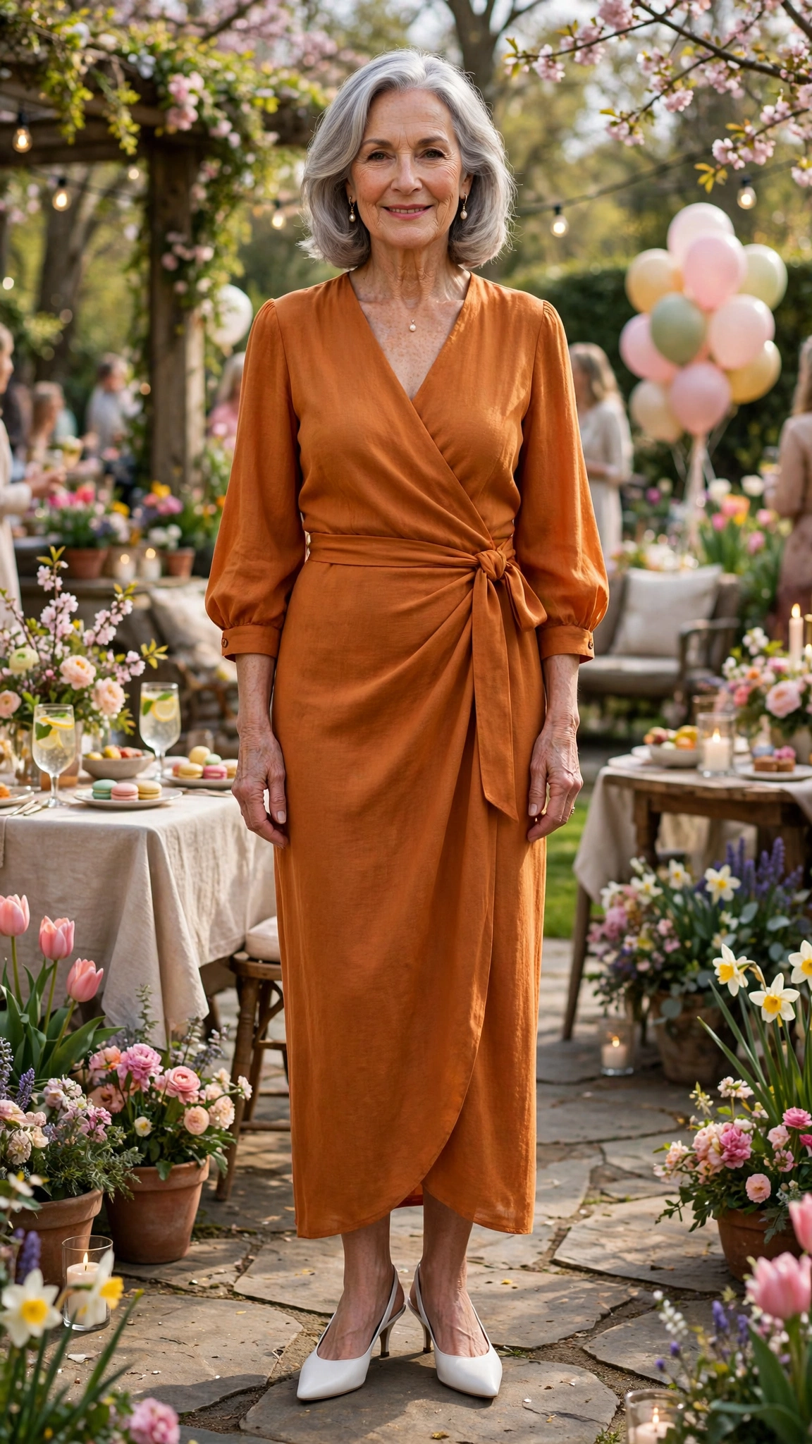 Warm amber orange wrap dress with white slingbacks