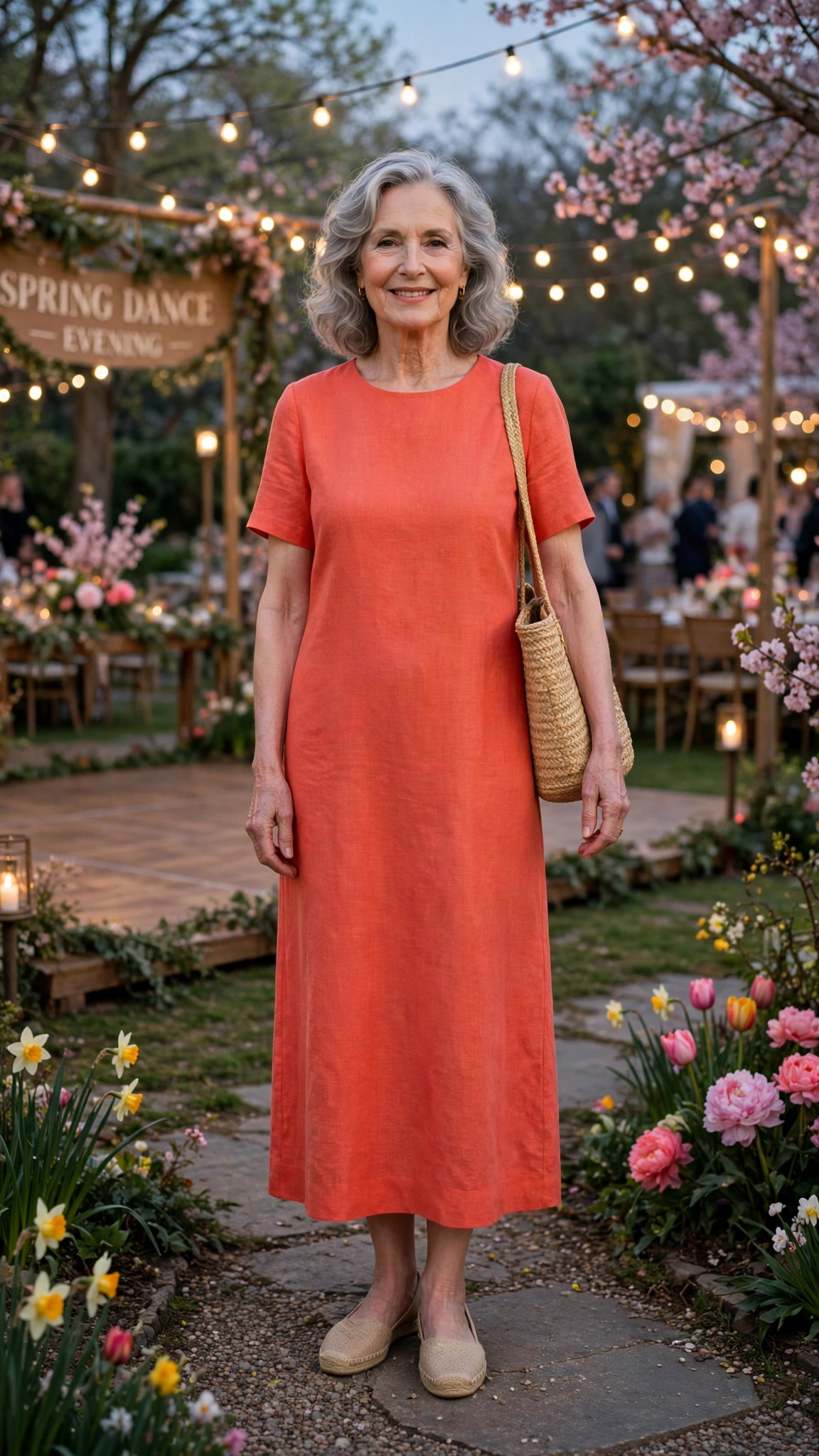 Coral orange shift dress with a straw bag