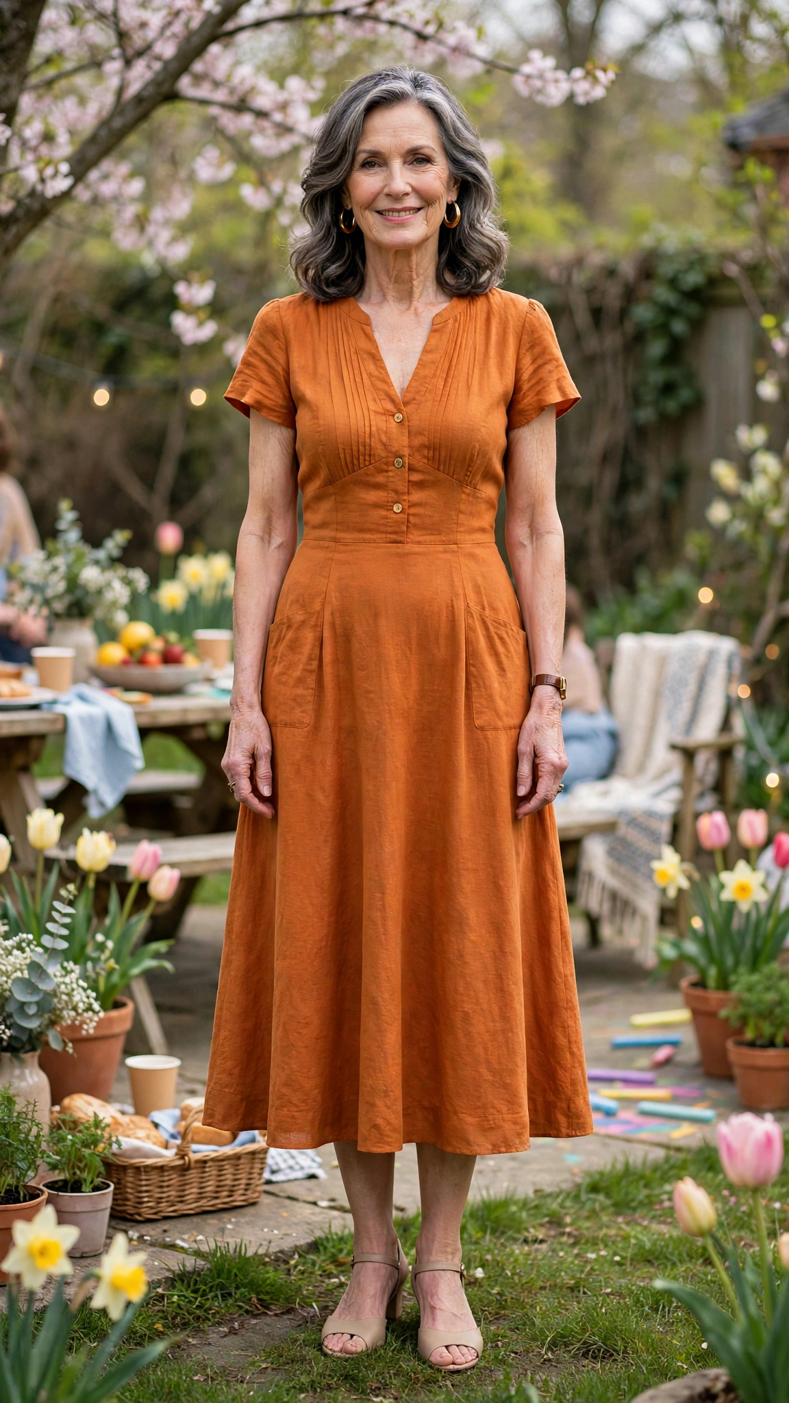 Warm amber orange fit-and-flare dress with gold hoop earrings