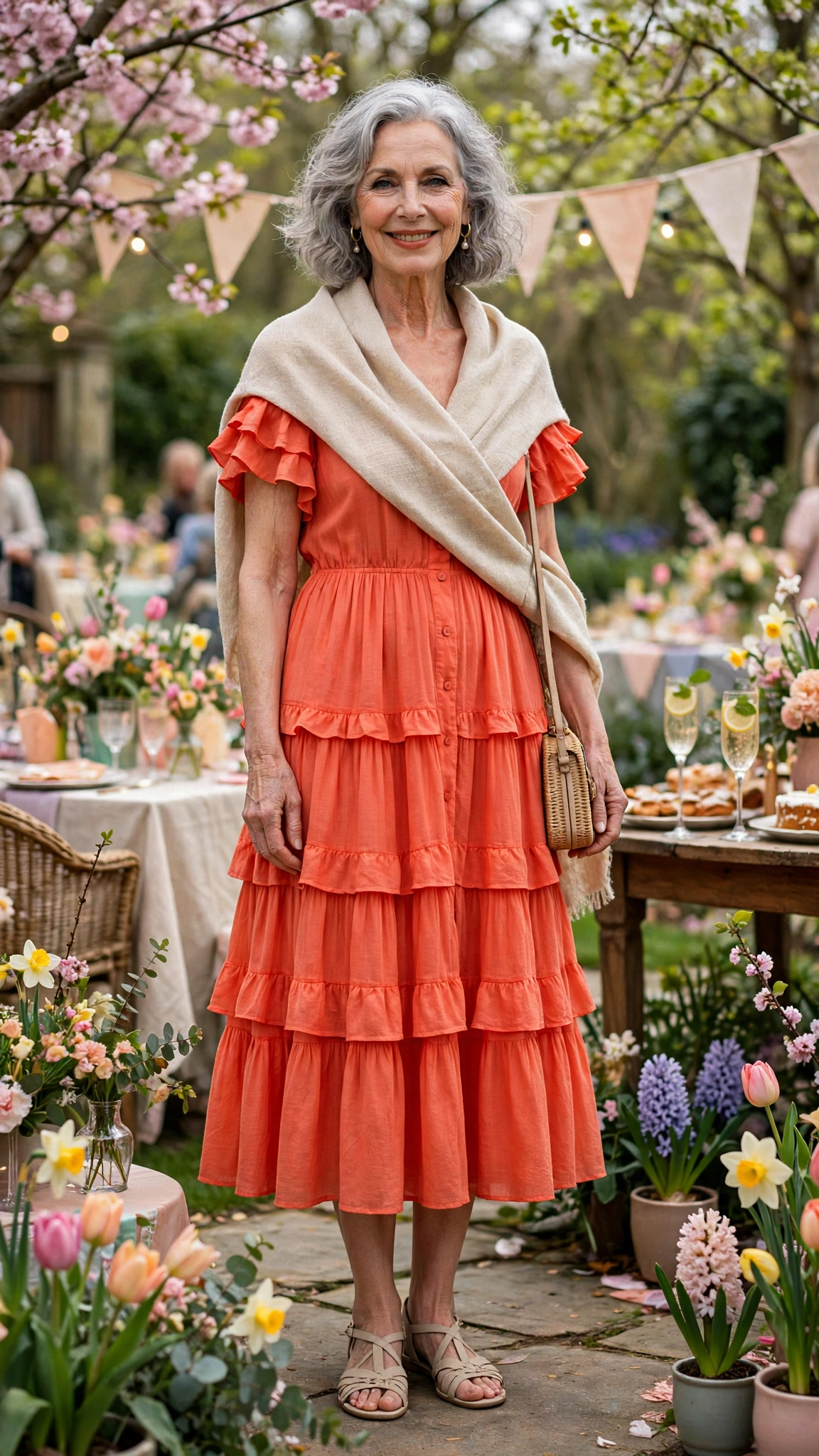 Coral orange tiered dress with a light wrap