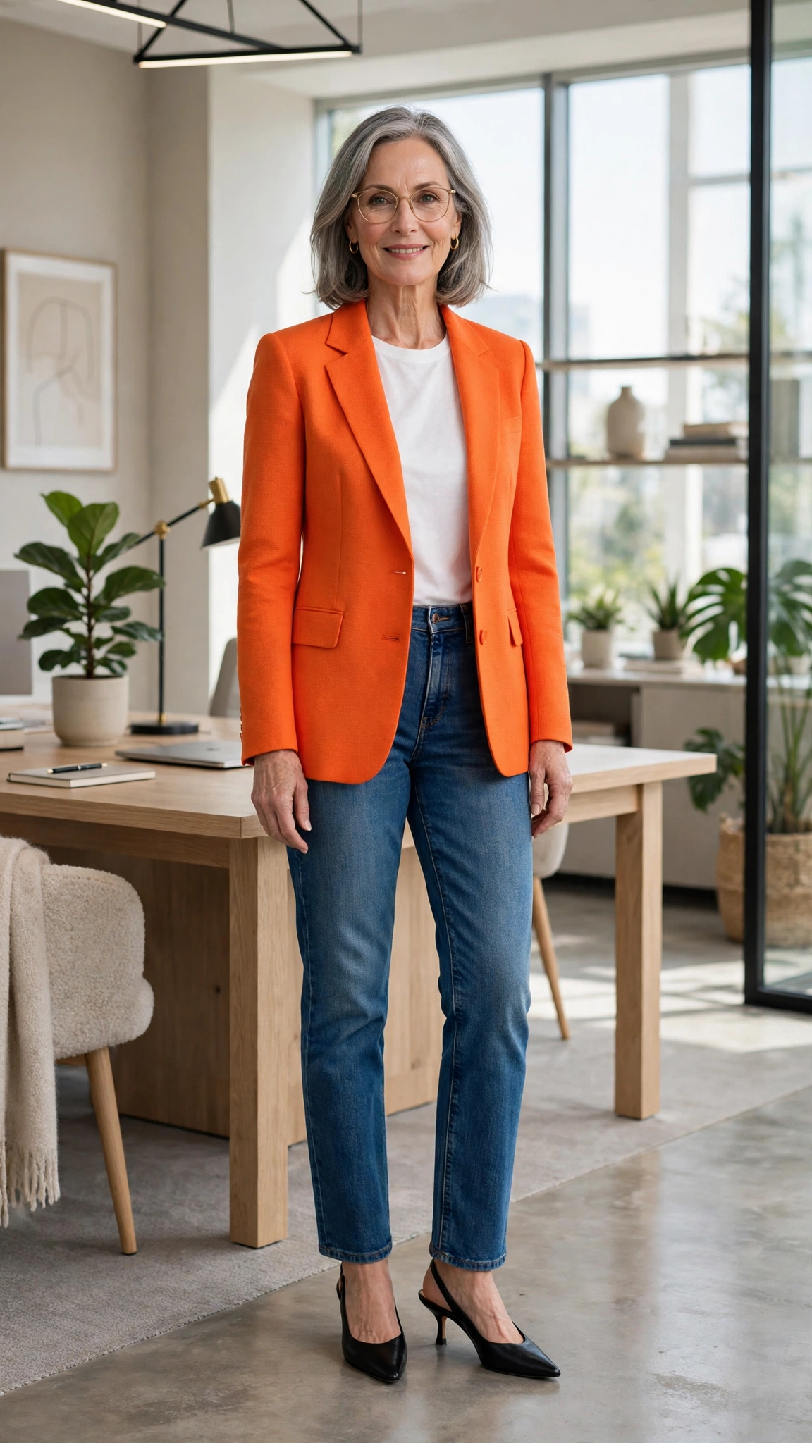 20 Women Over 60 Orange Blazer Outfits for April Office Days That Are Fresh, Chic and Easy to Wear 2 Bright orange blazer and jeans with black slingbacks