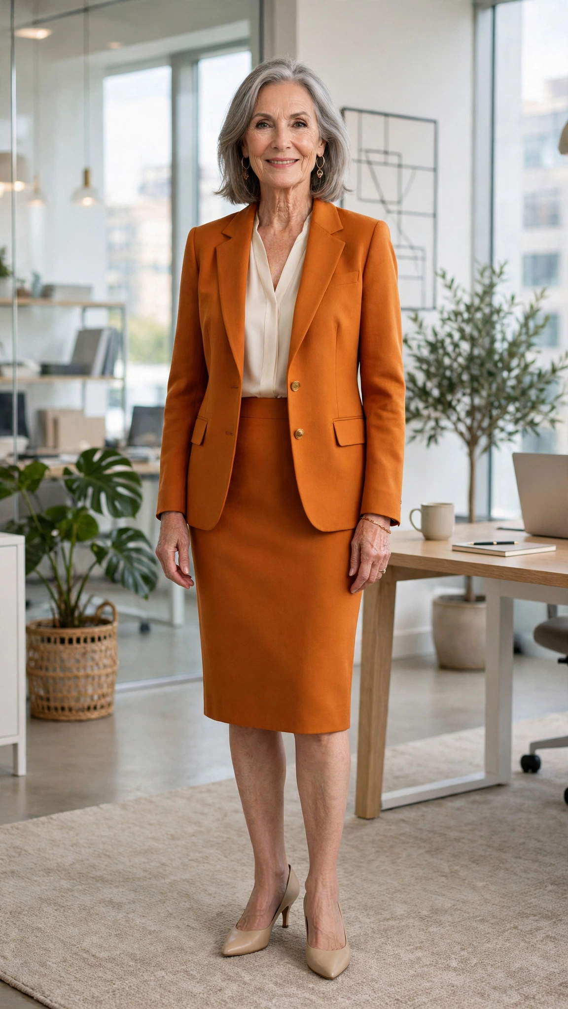 20 Women Over 60 Orange Blazer Outfits for April Office Days That Are Fresh, Chic and Easy to Wear 3 Amber orange blazer and pencil skirt with gold earrings