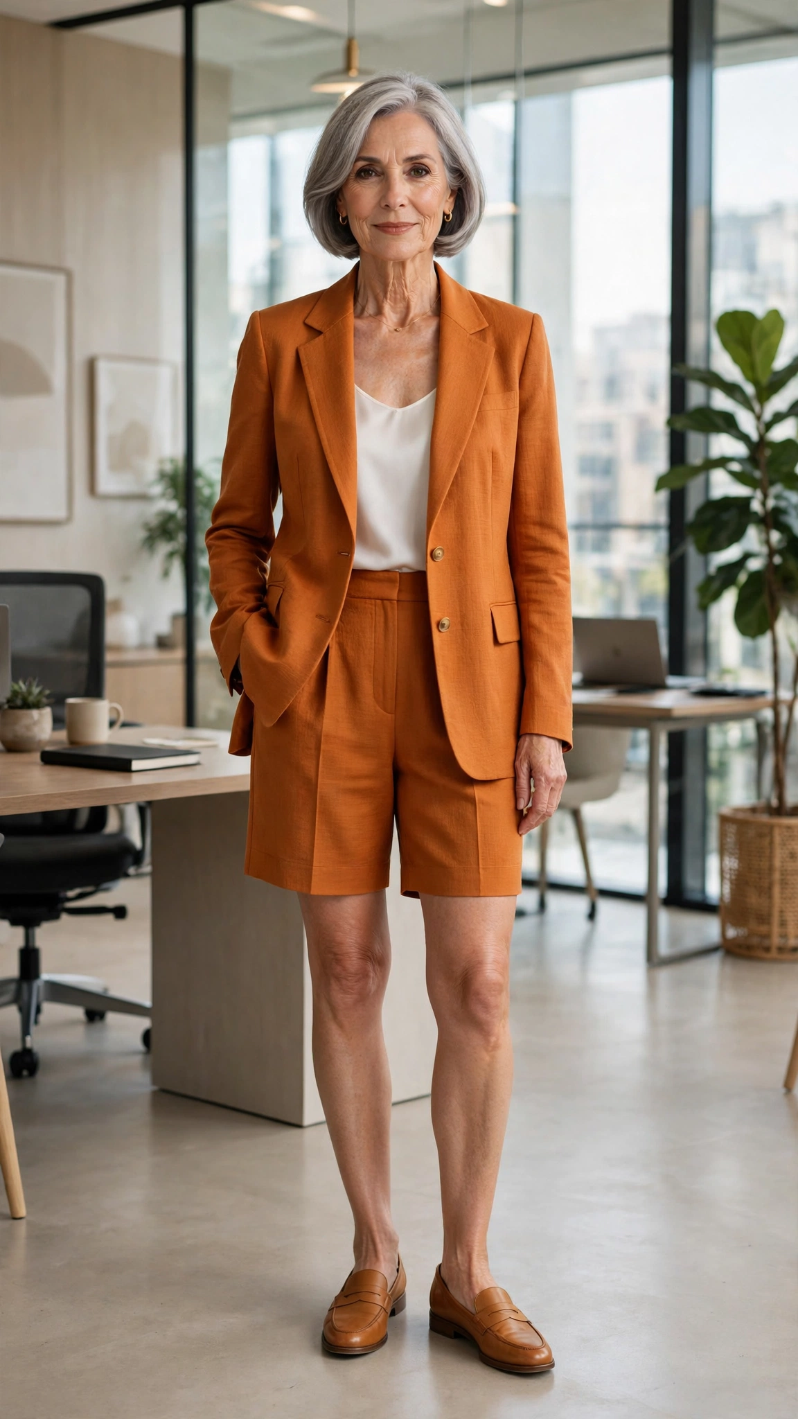 20 Women Over 60 Orange Blazer Outfits for April Office Days That Are Fresh, Chic and Easy to Wear 4 Amber orange blazer and tailored shorts set with tan loafers
