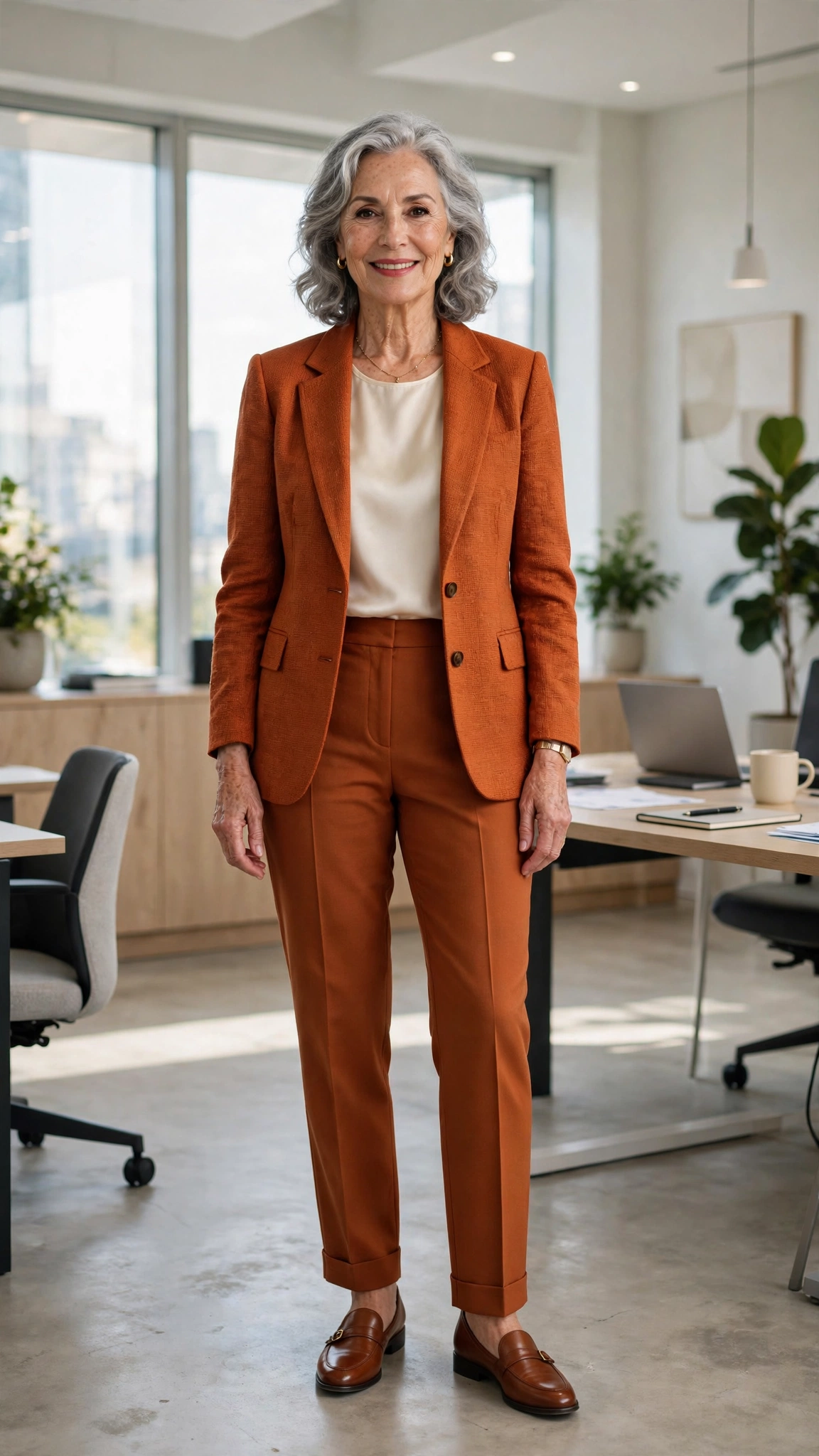 20 Women Over 60 Orange Blazer Outfits for April Office Days That Are Fresh, Chic and Easy to Wear 5 Burnt orange blazer and straight trousers with a cream silk top